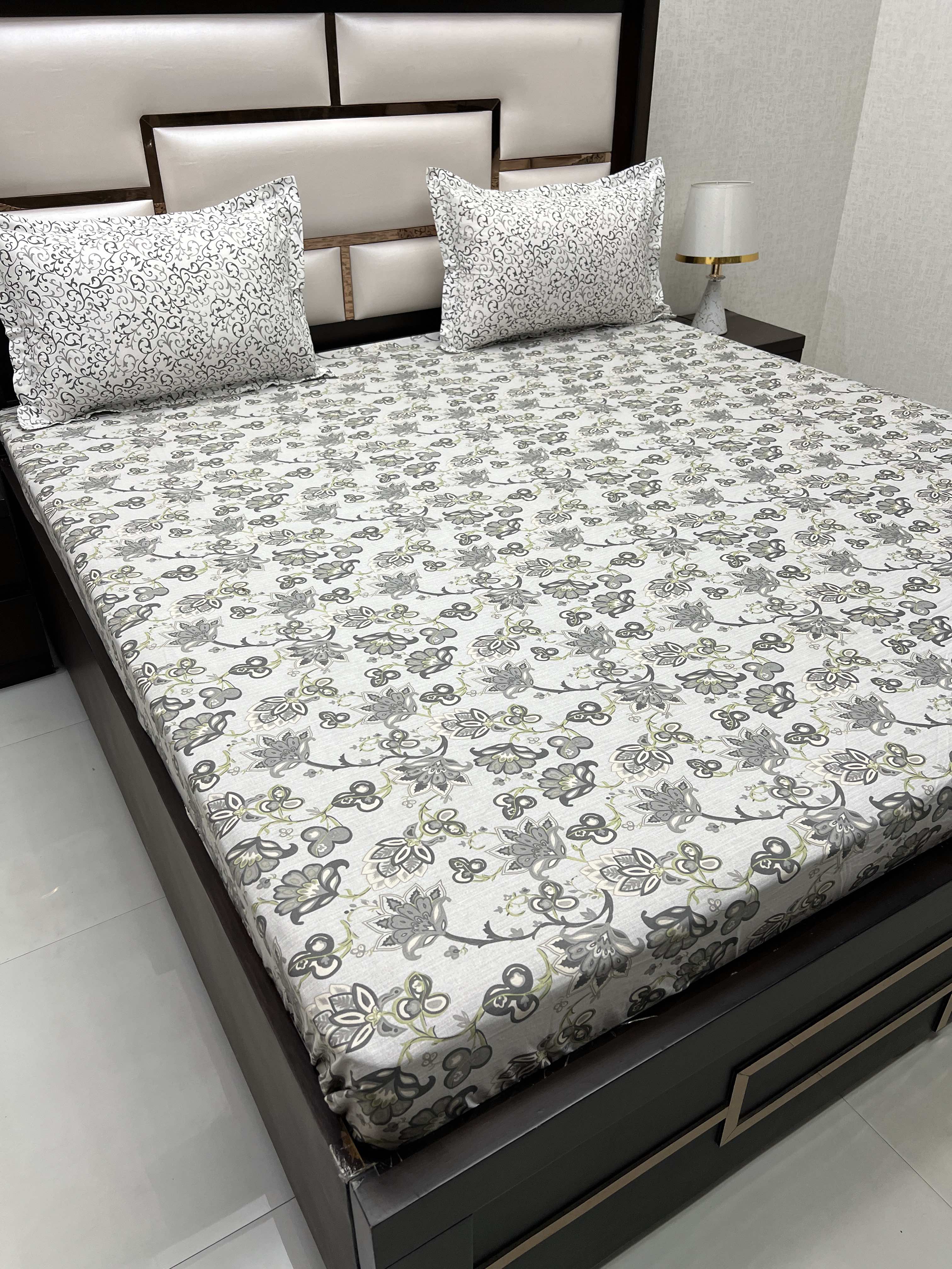 A-3104 - Pure Cotton 180 TC King Size Fitted Bedsheet (183X198) with Two Pillow Covers (45X68)