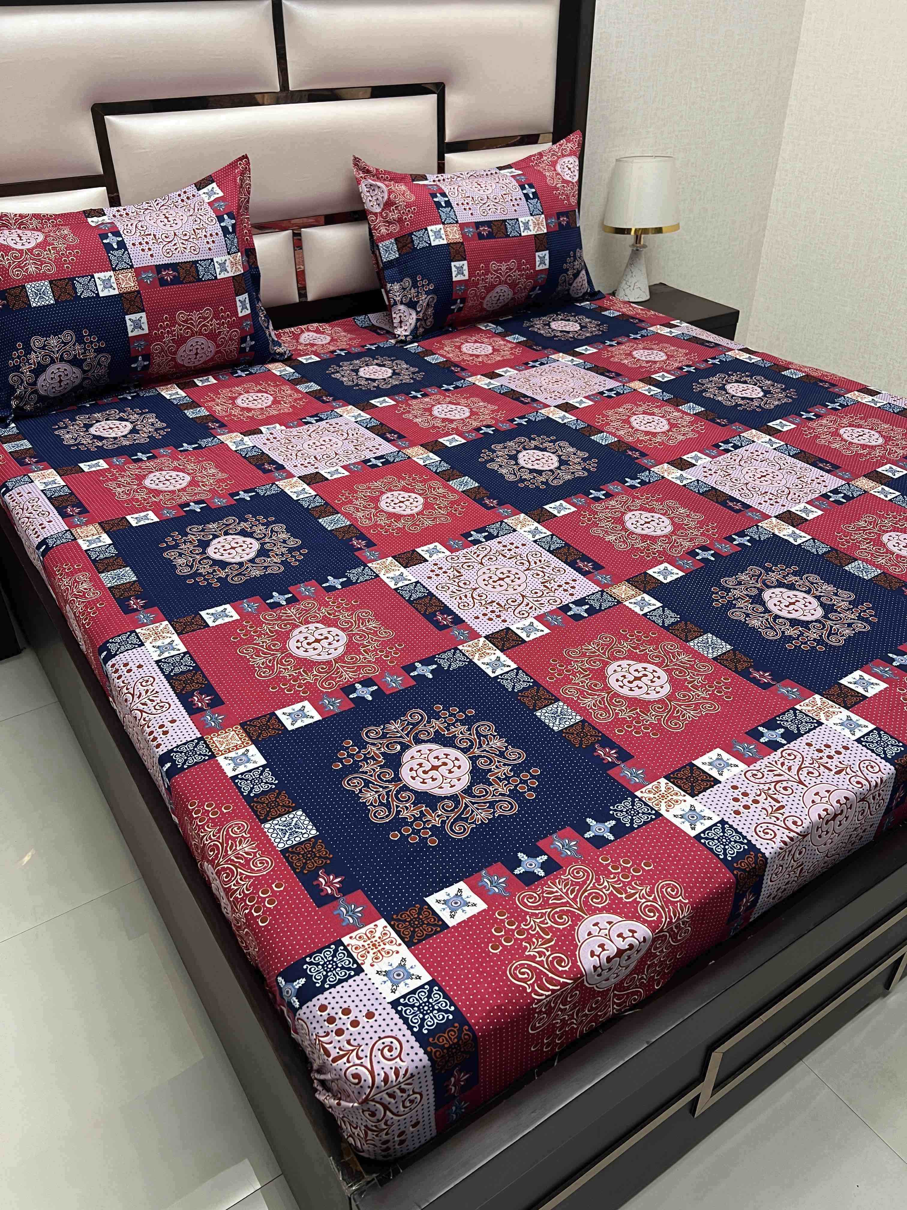 A-3377 - Poly Cotton 130 GSM Queen Size Double Bedsheet (228X254) with Two Pillow Covers (43X68)