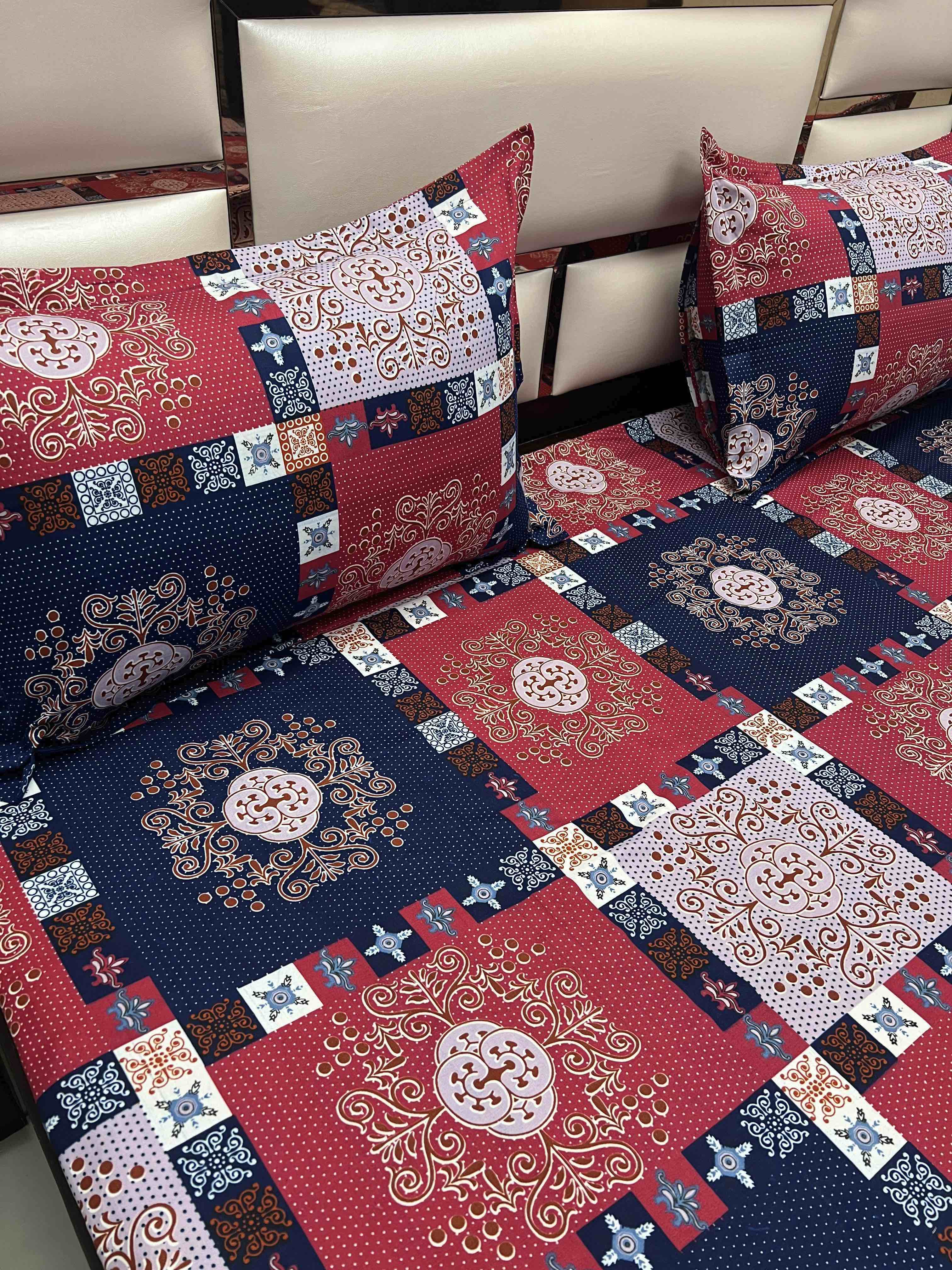 A-3377 - Poly Cotton 130 GSM Queen Size Double Bedsheet (228X254) with Two Pillow Covers (43X68)