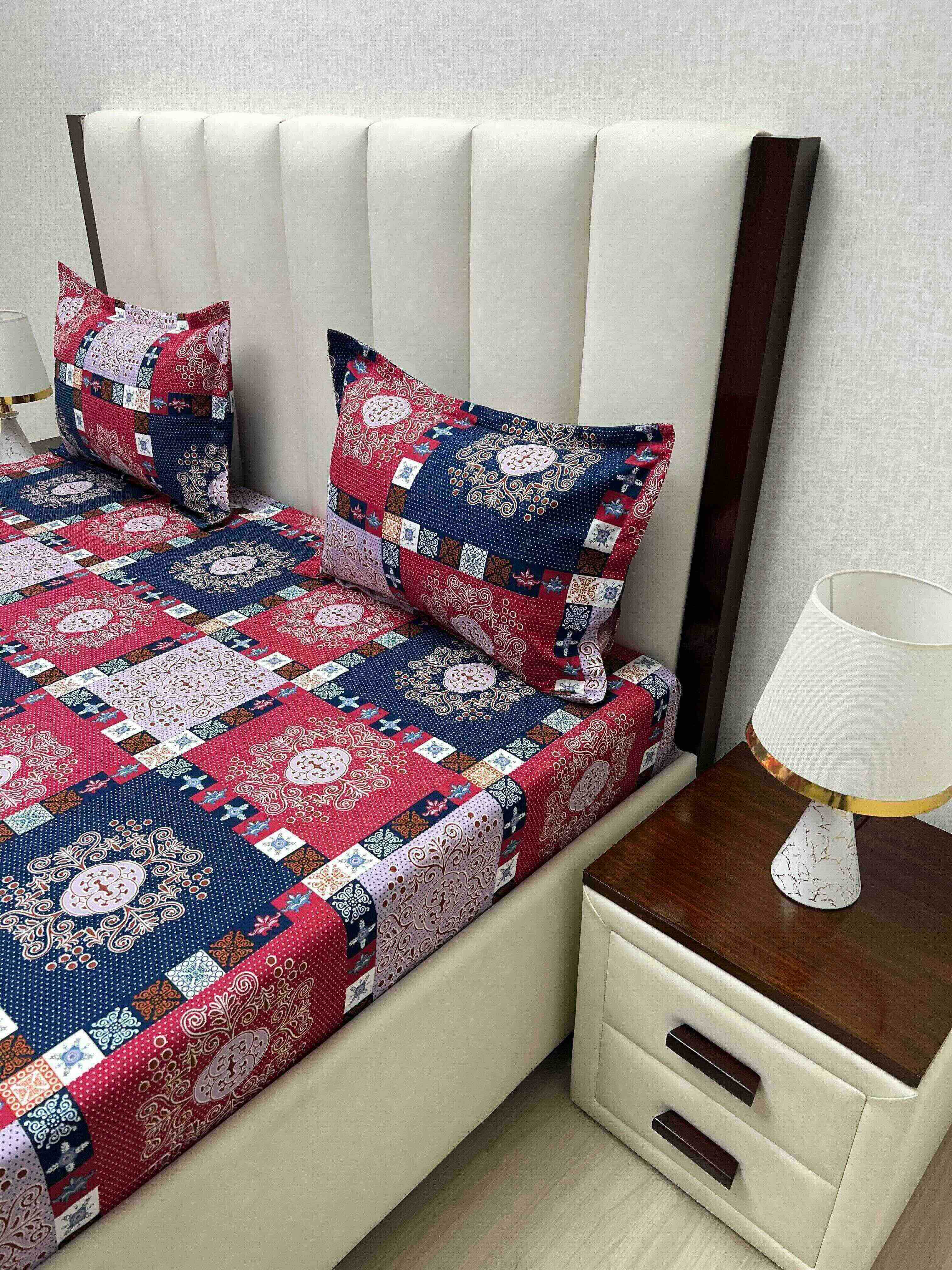 A-3377 - Poly Cotton 130 GSM Queen Size Double Bedsheet (228X254) with Two Pillow Covers (43X68)