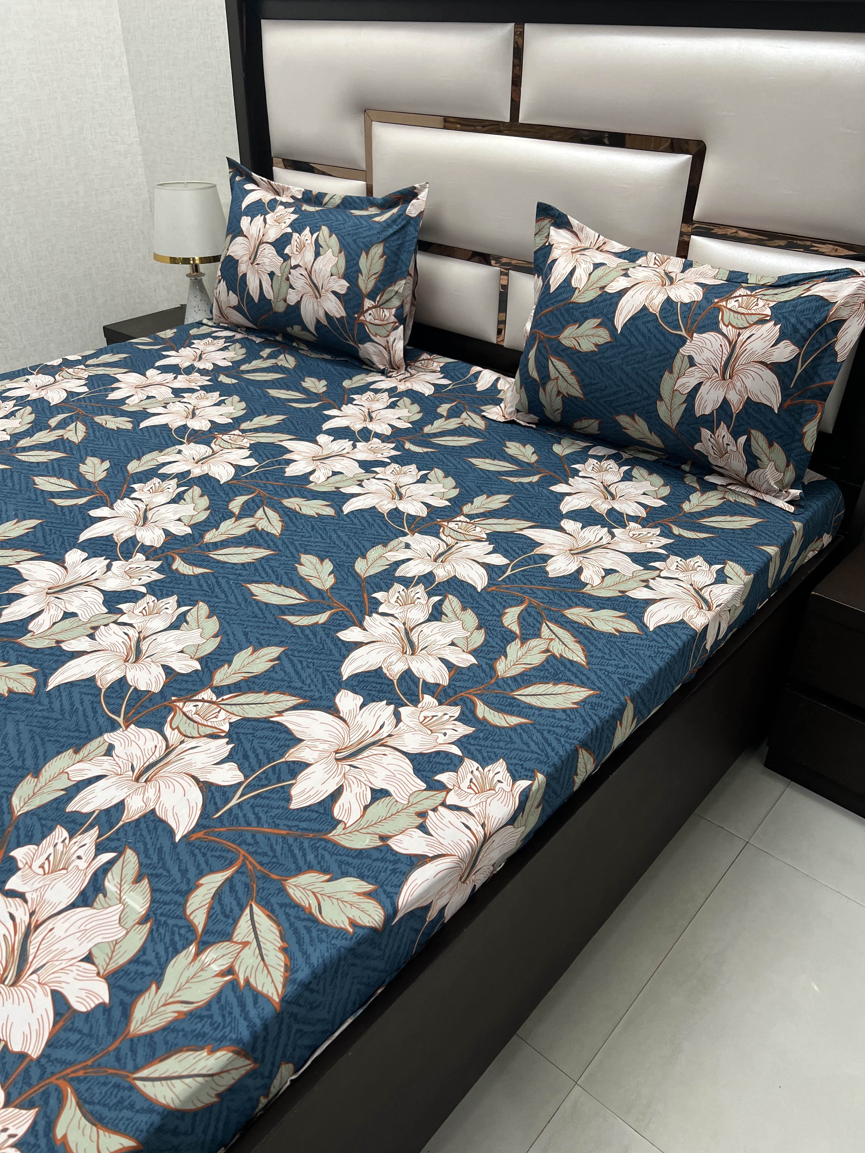 A-3383 - Poly Cotton 130 GSM Queen Size Double Bedsheet (228X254) with Two Pillow Covers (43X68)