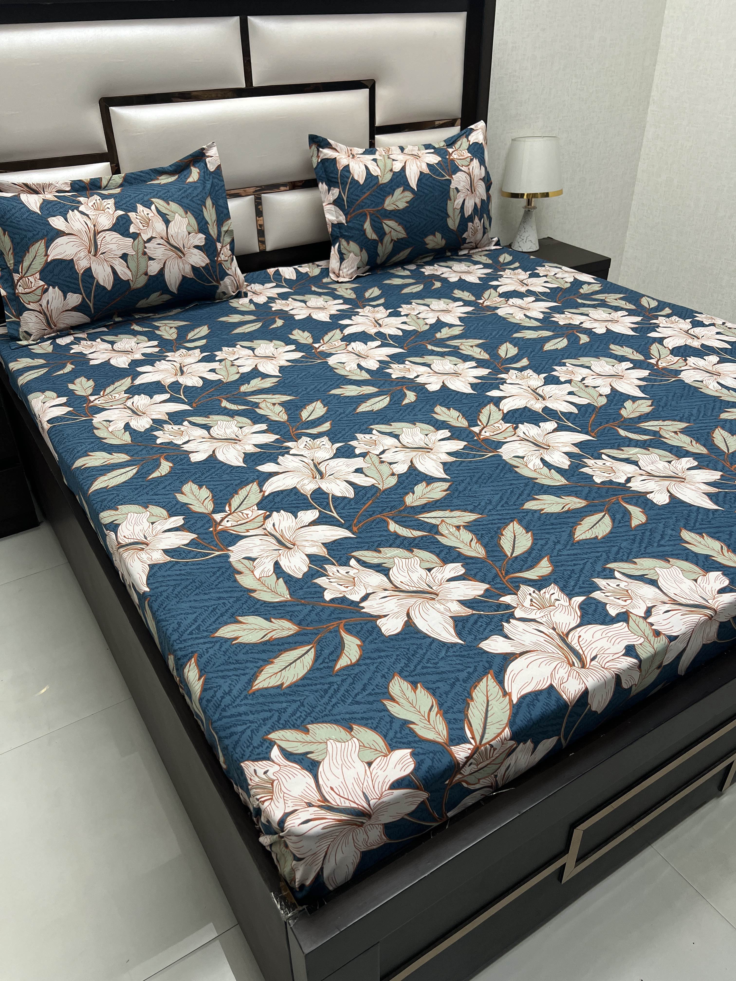 A-3383 - Poly Cotton 130 GSM Queen Size Double Bedsheet (228X254) with Two Pillow Covers (43X68)