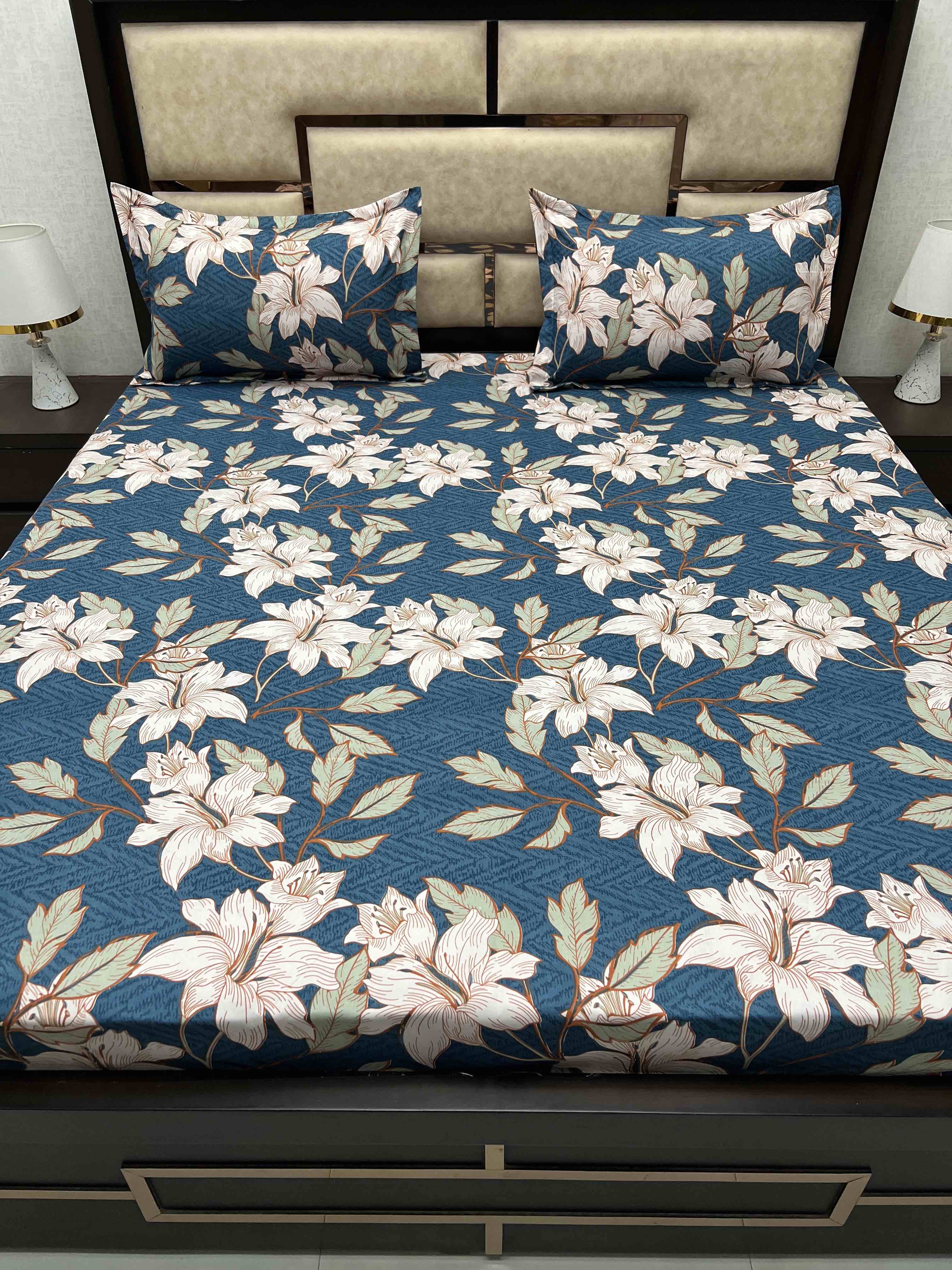 A-3383 - Poly Cotton 130 GSM Queen Size Double Bedsheet (228X254) with Two Pillow Covers (43X68)