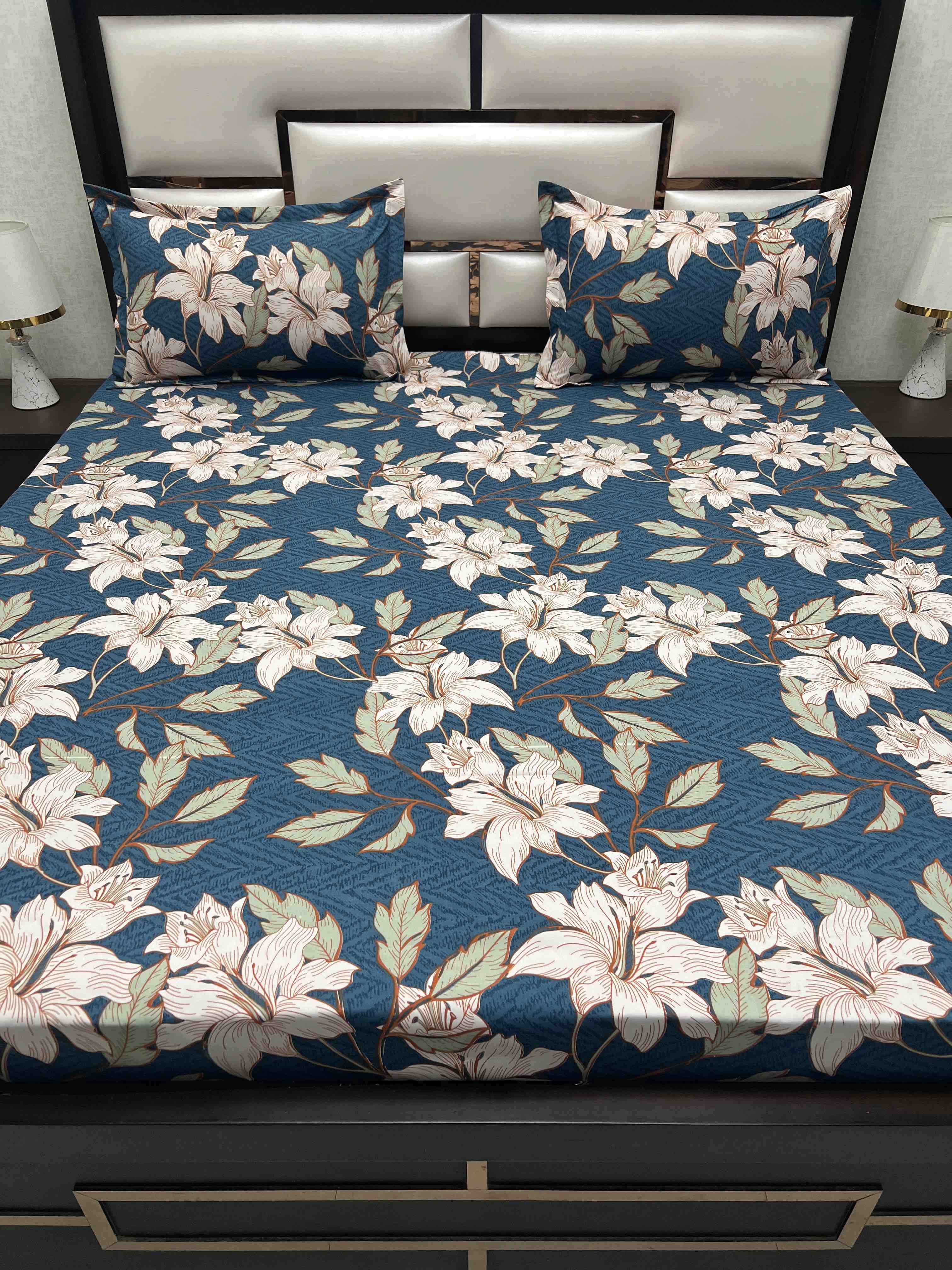 A-3383 - Poly Cotton 130 GSM Queen Size Double Bedsheet (228X254) with Two Pillow Covers (43X68)