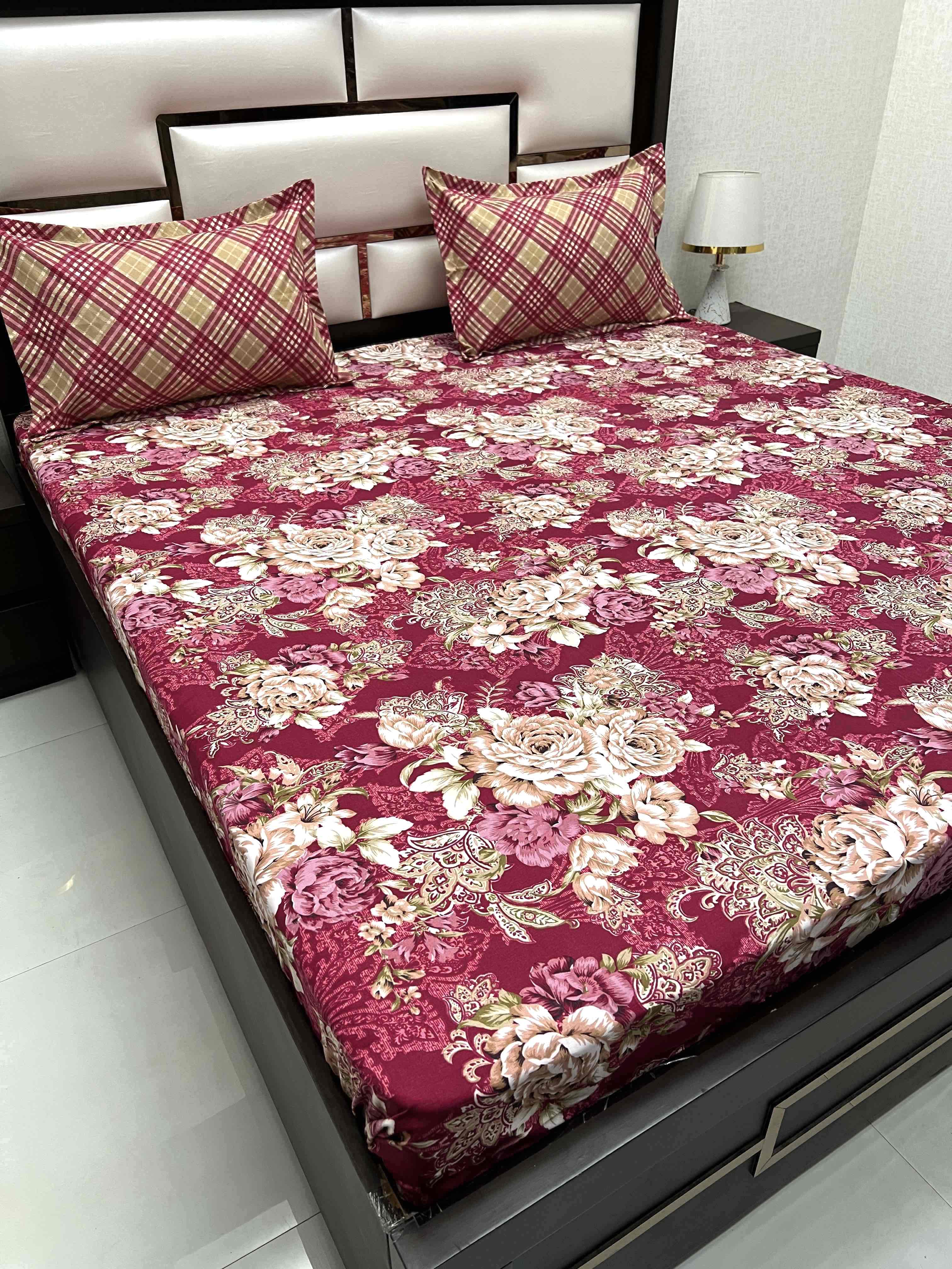 A-3452 - Poly Cotton 130 GSM King Size Double Bedsheet (274X274) with Two Pillow Covers (50X76)