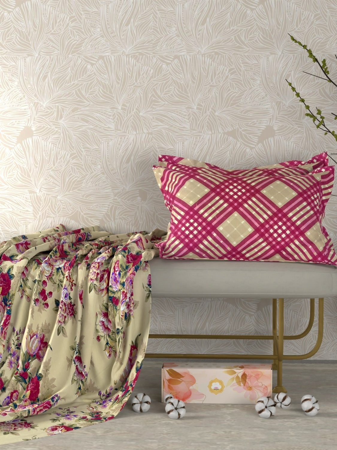 A-3458 - Poly Cotton 130 GSM King Size Double Bedsheet (274X274) with Two Pillow Covers (50X76)