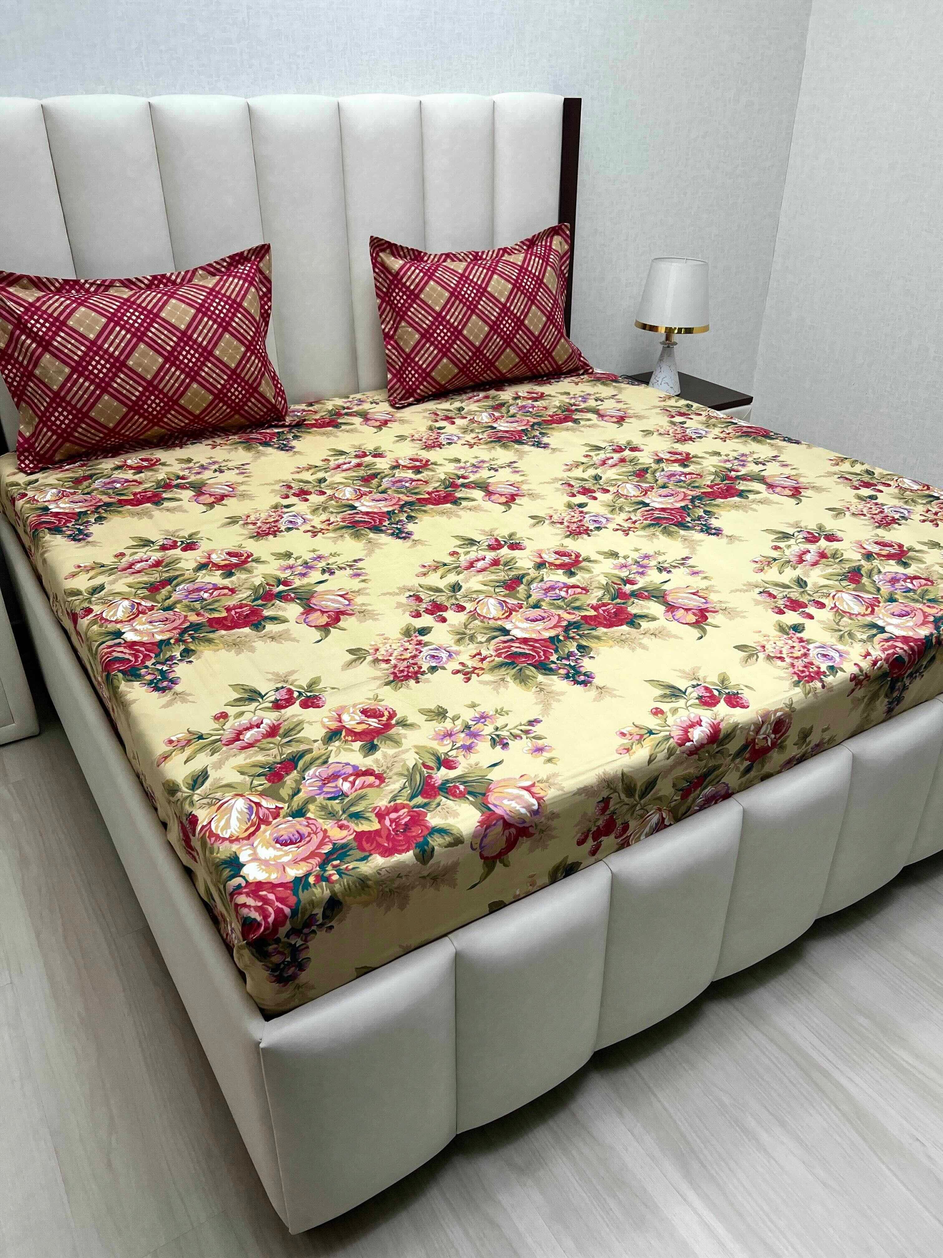 A-3402- Poly Cotton 130 GSM King Size Fitted Bedsheet (183X193) with Two Pillow Covers (45X68)