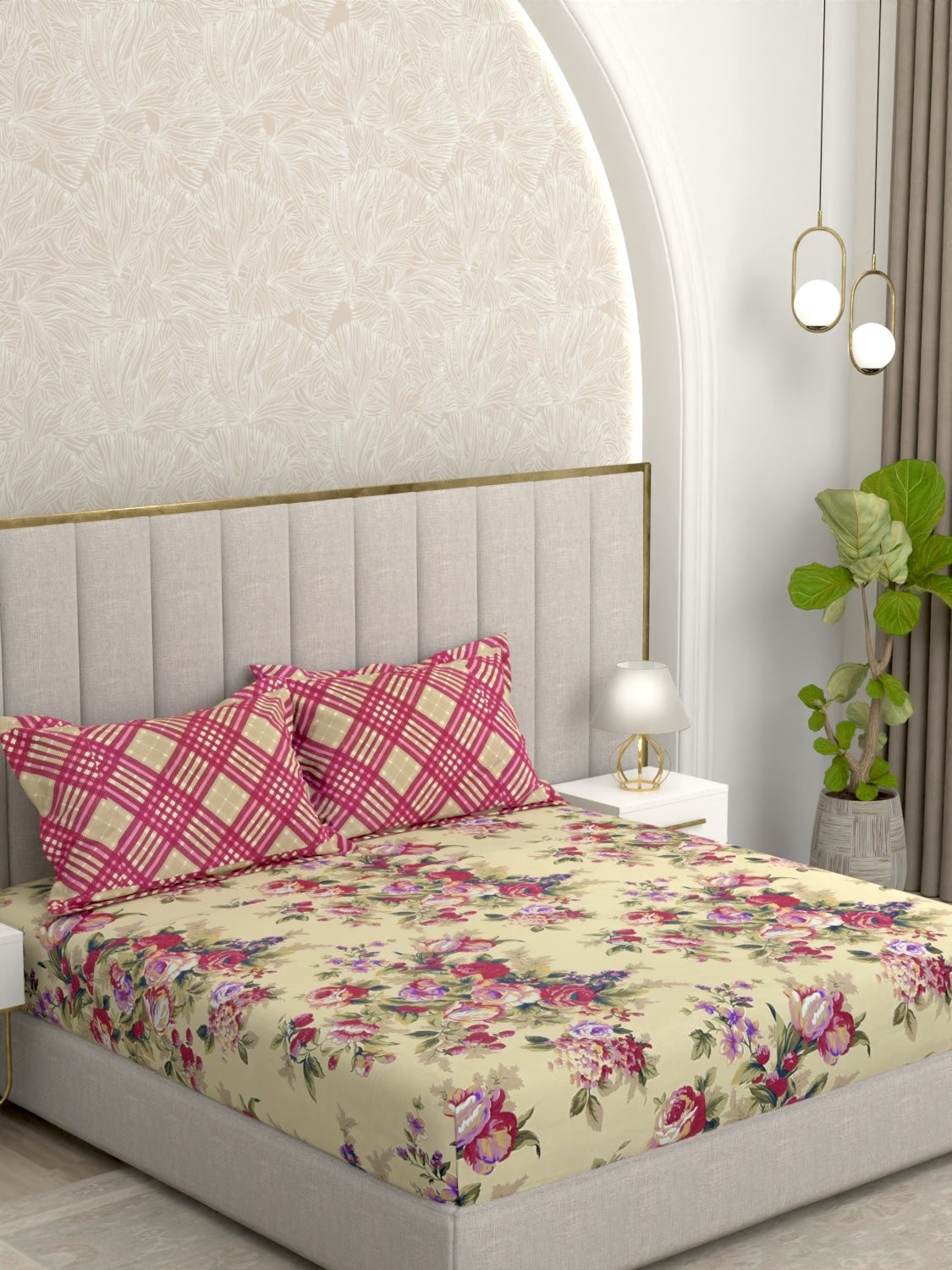 A-3458 - Poly Cotton 130 GSM King Size Double Bedsheet (274X274) with Two Pillow Covers (50X76)