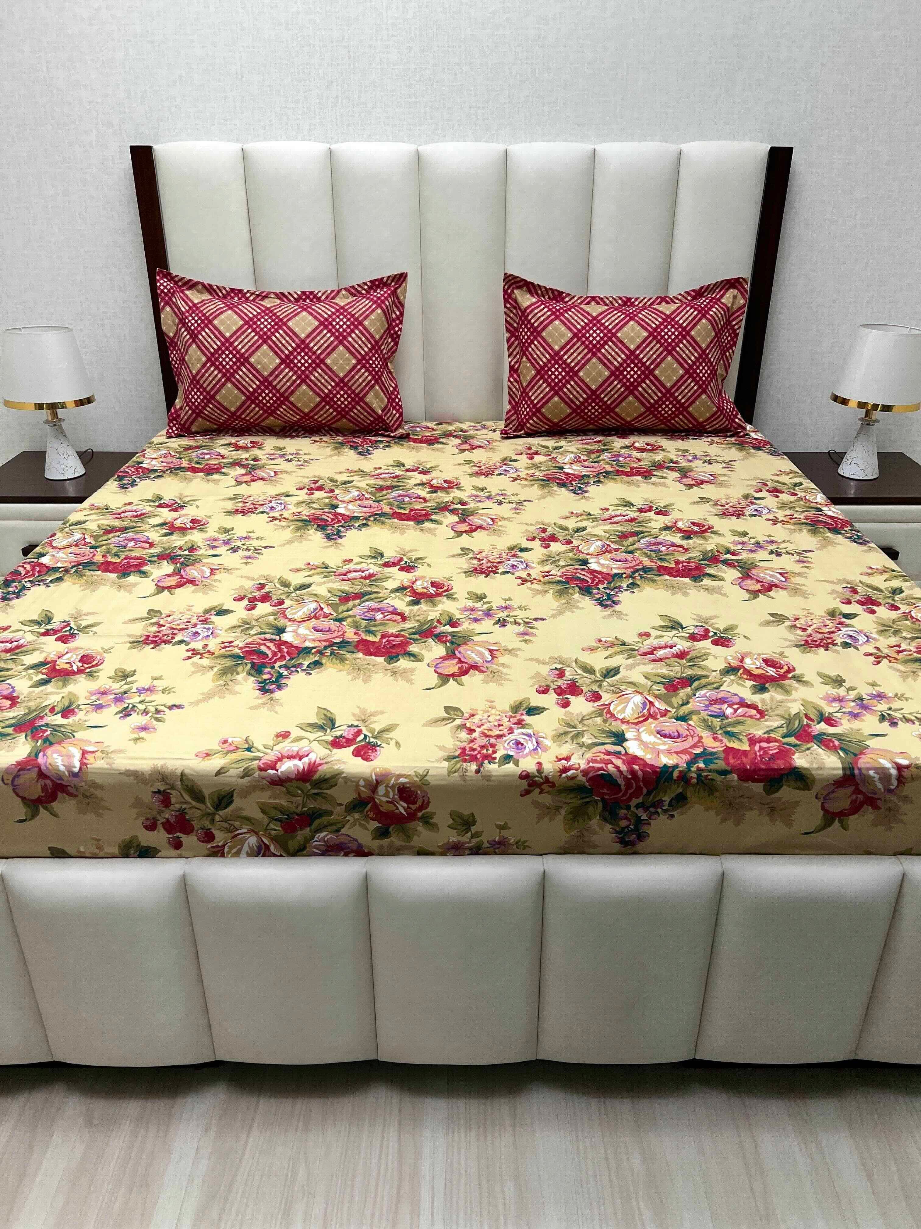 A-3402- Poly Cotton 130 GSM King Size Fitted Bedsheet (183X193) with Two Pillow Covers (45X68)
