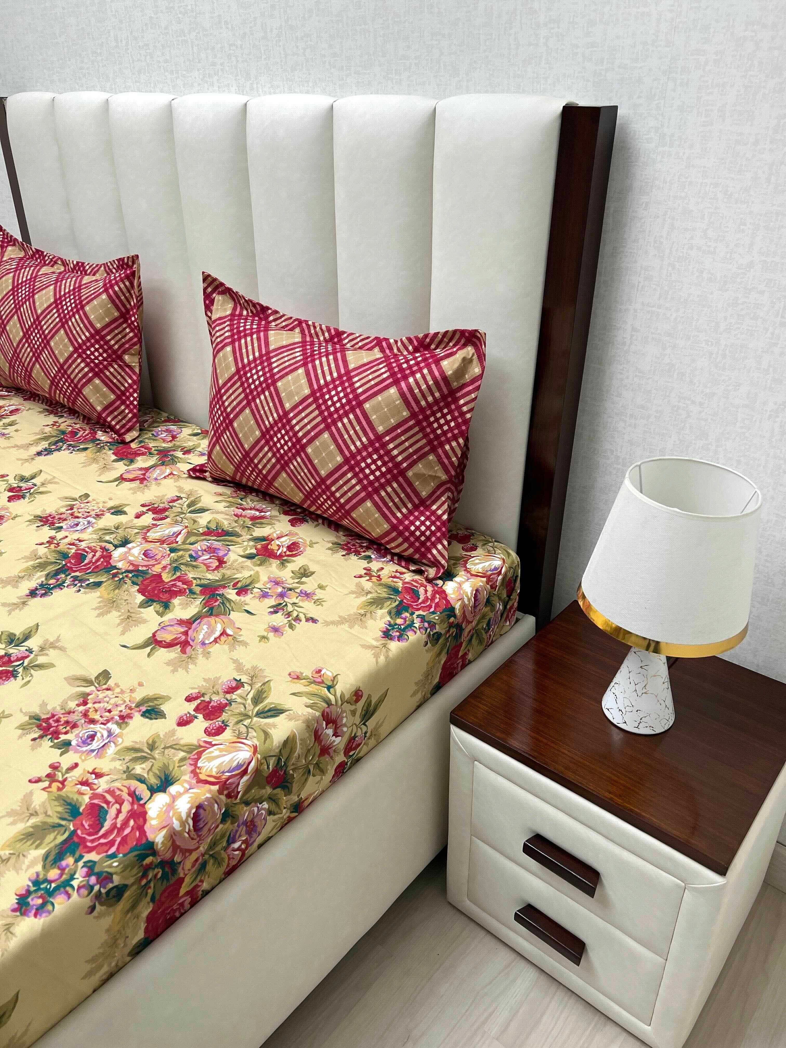 A-3402- Poly Cotton 130 GSM King Size Fitted Bedsheet (183X193) with Two Pillow Covers (45X68)
