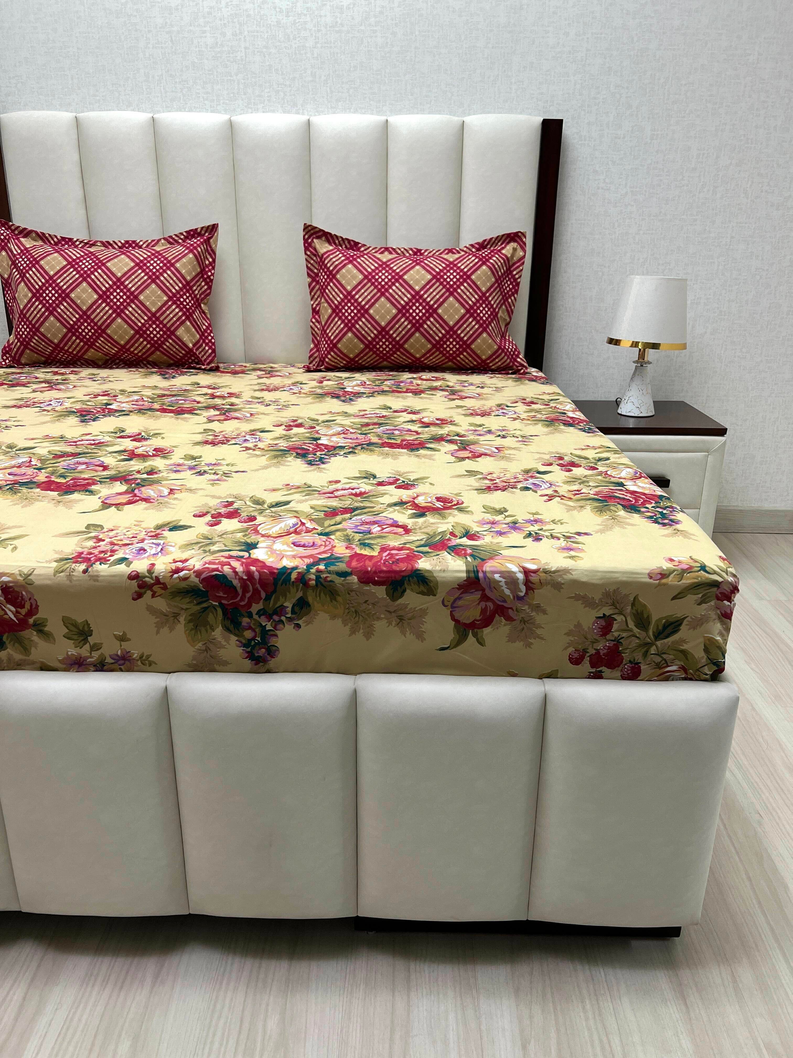 A-3402- Poly Cotton 130 GSM King Size Fitted Bedsheet (183X193) with Two Pillow Covers (45X68)