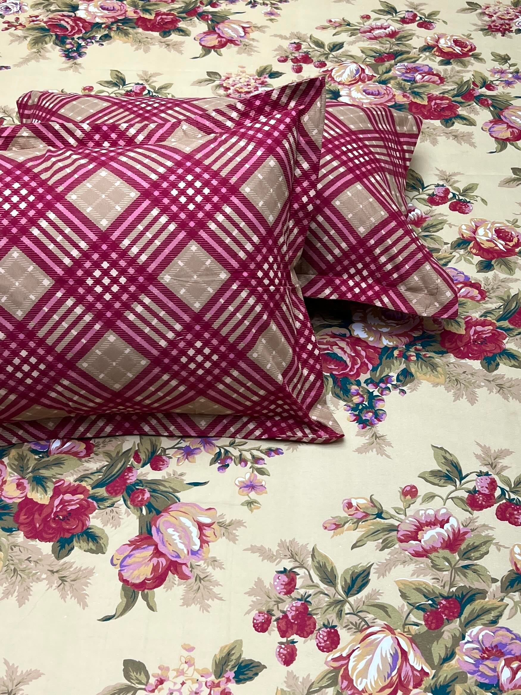 A-3402- Poly Cotton 130 GSM King Size Fitted Bedsheet (183X193) with Two Pillow Covers (45X68)
