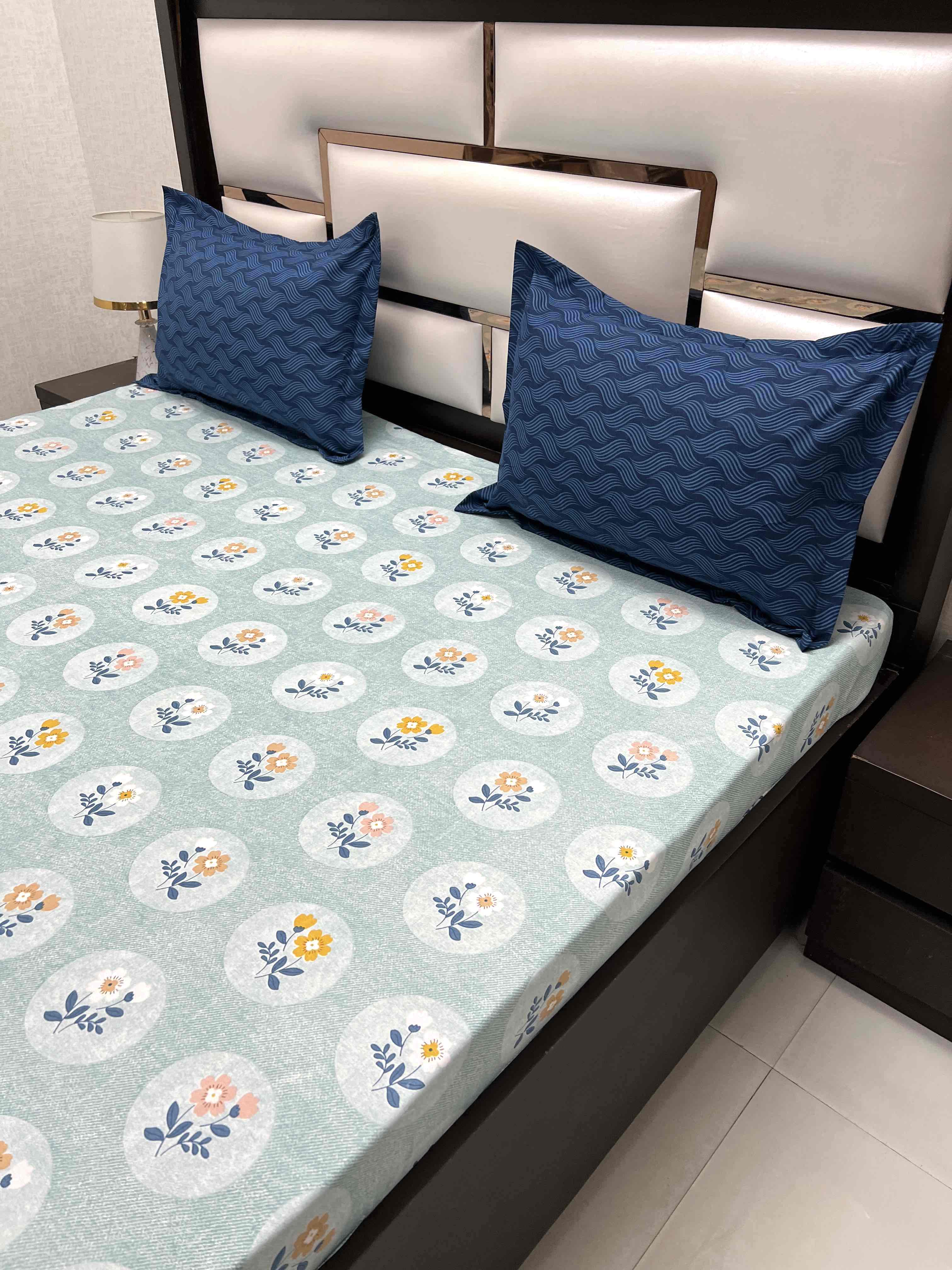 A-3622 - Poly Cotton 130 GSM King Size Double Bedsheet (274X274) with Two Pillow Covers (50X76)