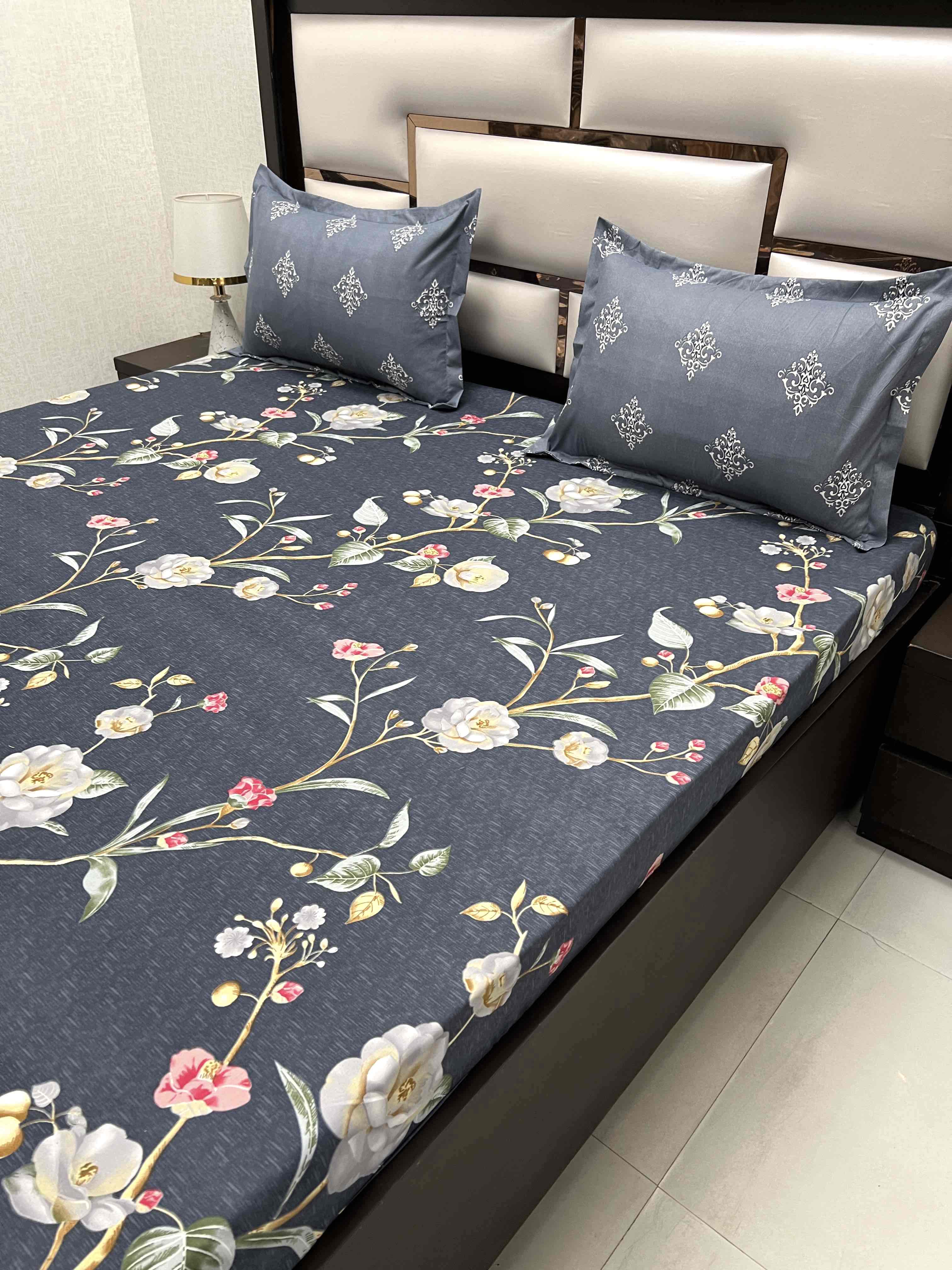A-3633 - Poly Cotton 130 GSM King Size Double Bedsheet (274X274) with Two Pillow Covers (50X76)