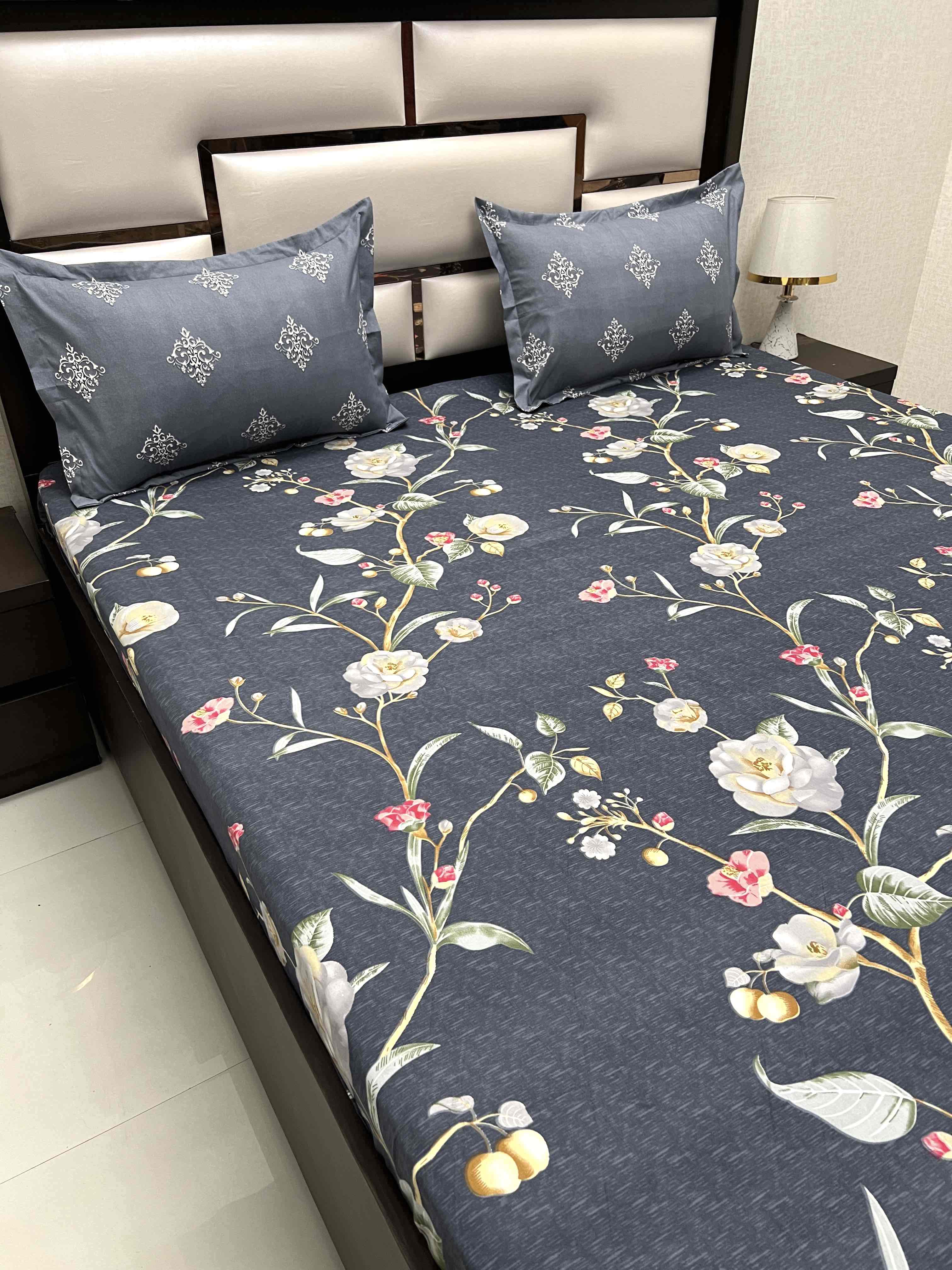 A-3633 - Poly Cotton 130 GSM King Size Double Bedsheet (274X274) with Two Pillow Covers (50X76)