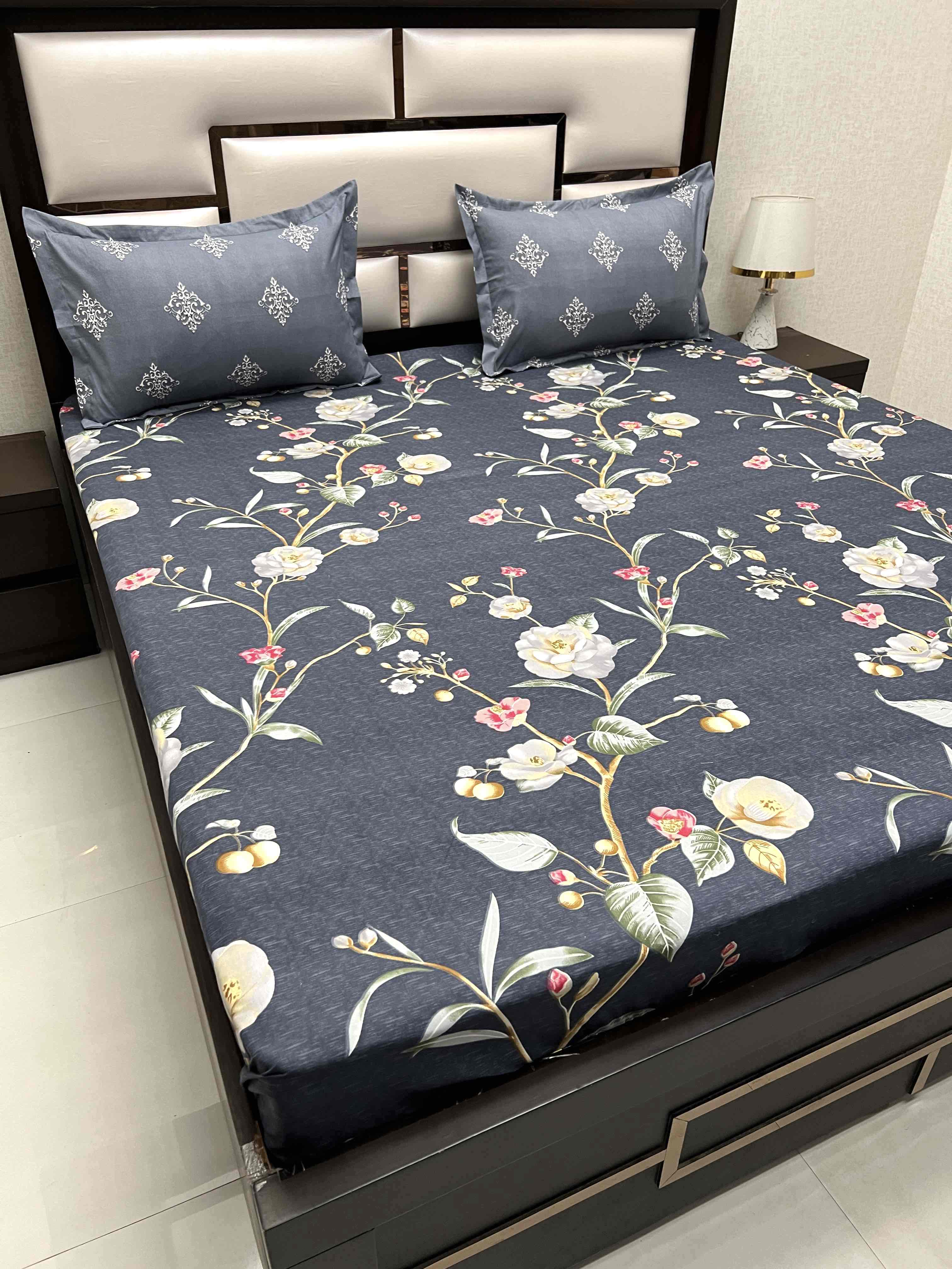A-3633 - Poly Cotton 130 GSM King Size Double Bedsheet (274X274) with Two Pillow Covers (50X76)