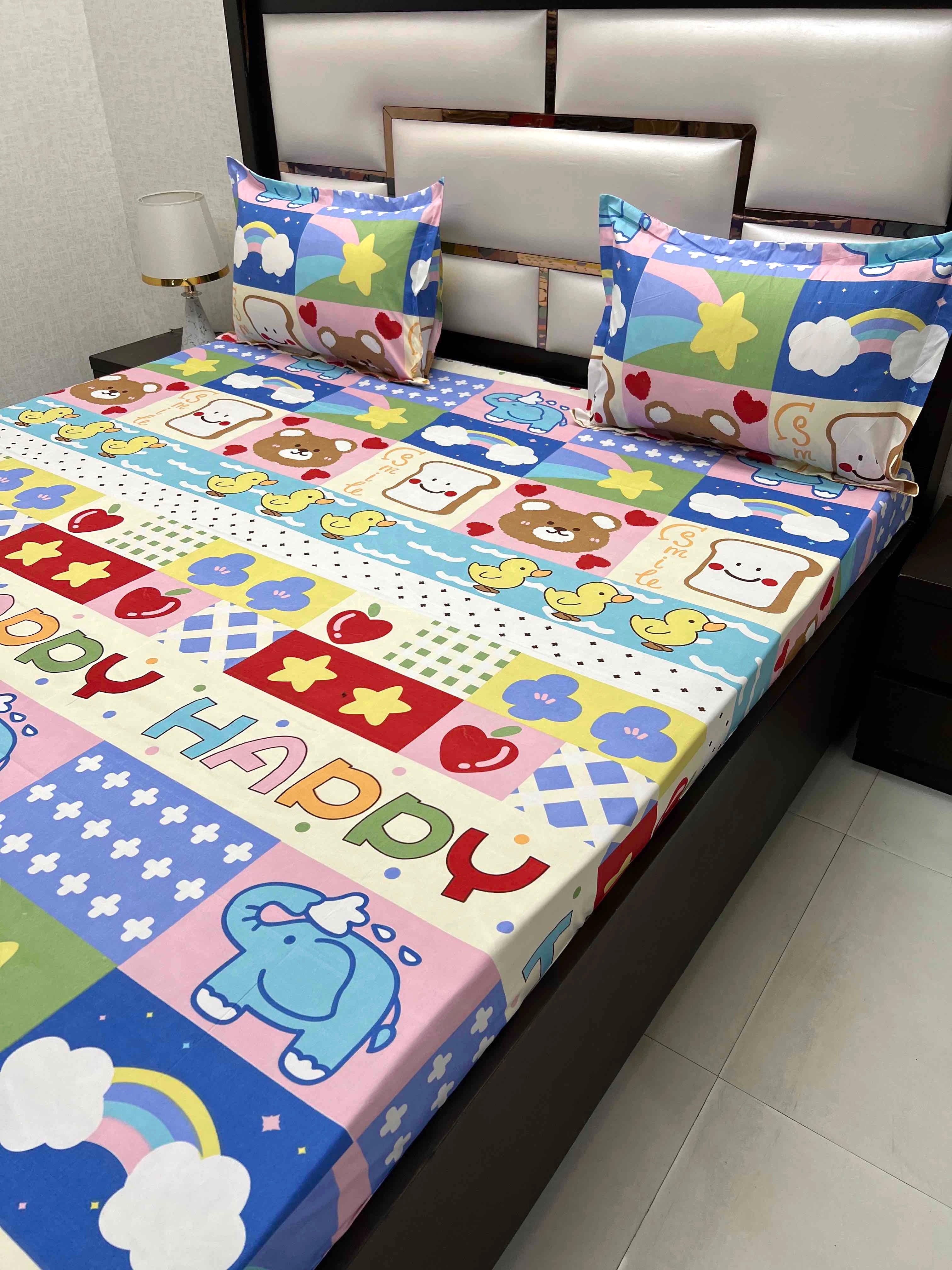 A-3750 - Poly Cotton 130 GSM Queen Size Double Bedsheet (228X243) with Two Pillow Covers (45X68)