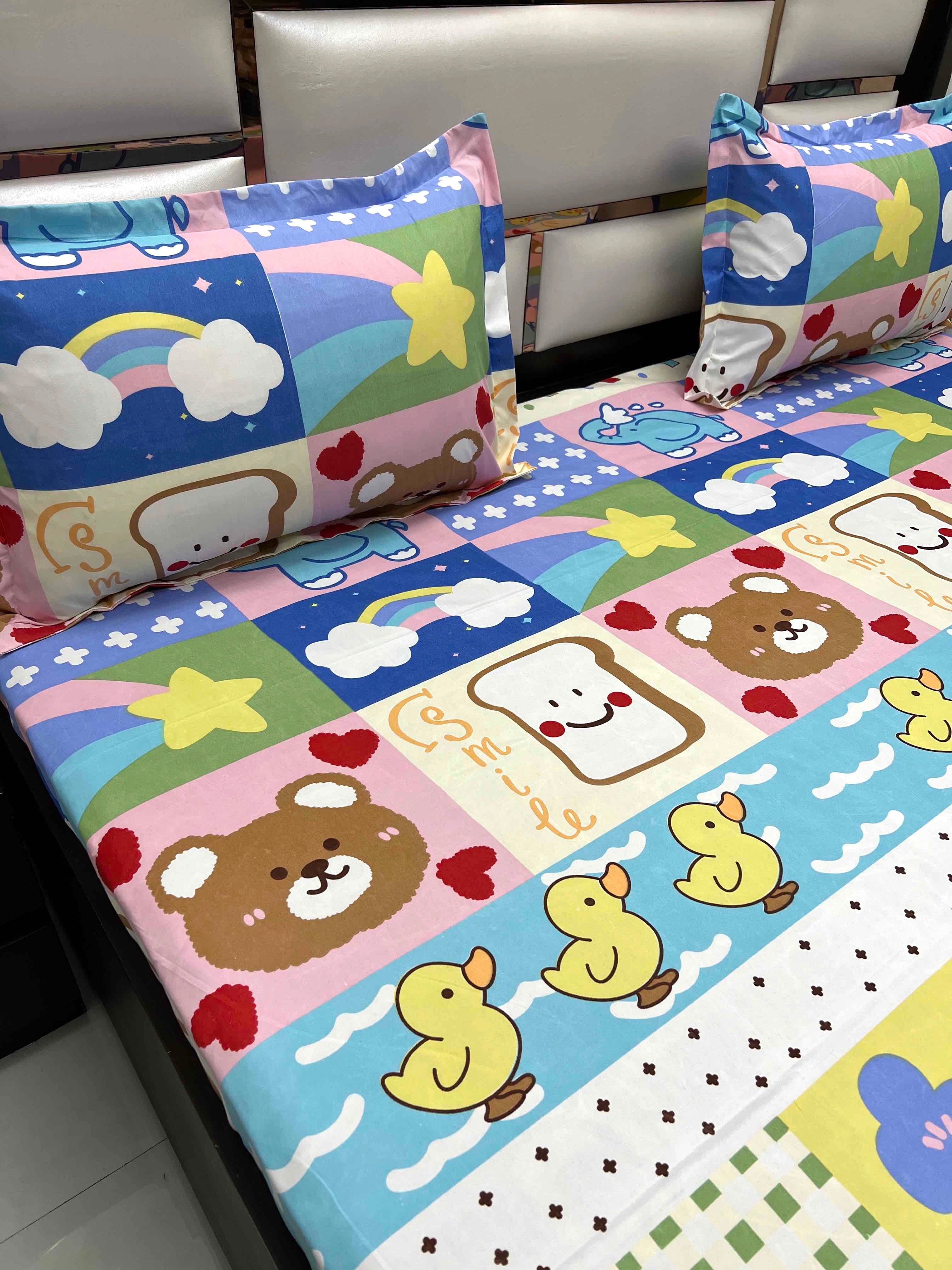 A-3750 - Poly Cotton 130 GSM Queen Size Double Bedsheet (228X243) with Two Pillow Covers (45X68)