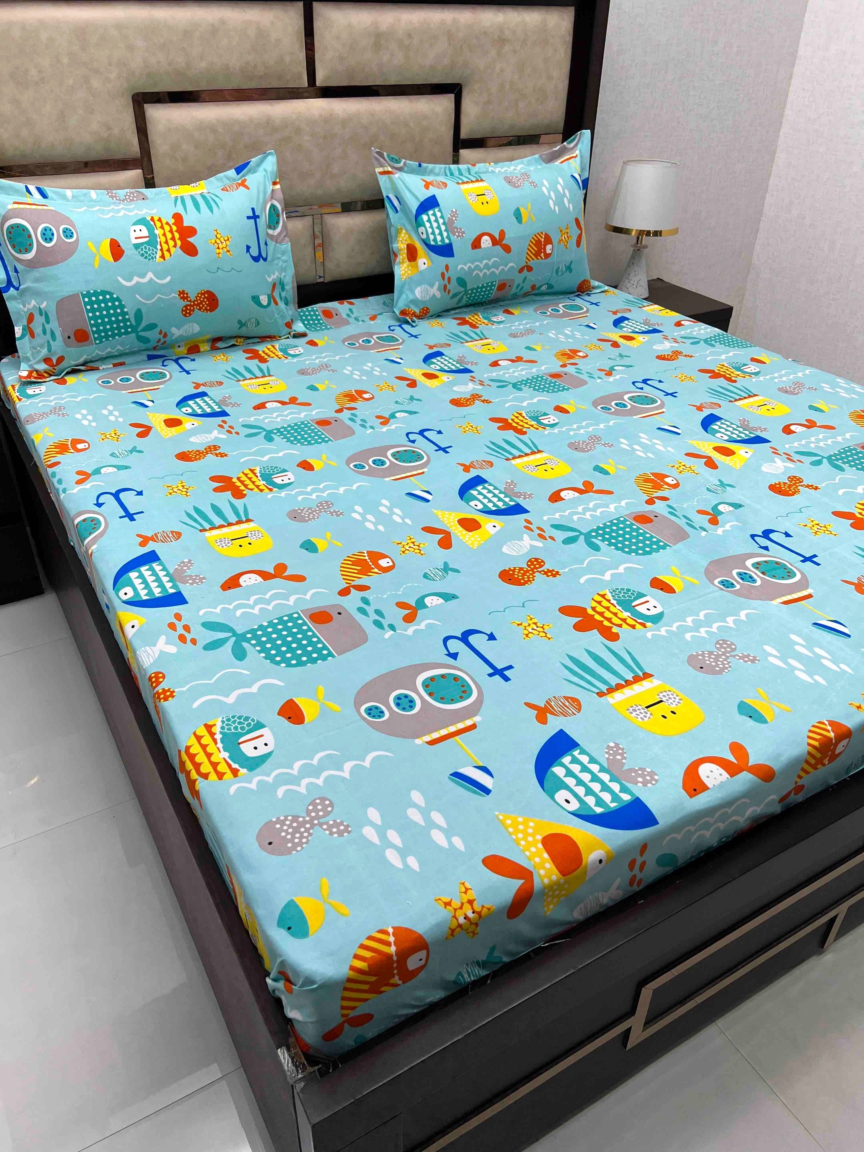Kids Collection Pure Decor Poly Cotton 130 GSM Queen Size Double Bedsheet (228X243) with Two Pillow Covers (45X68)