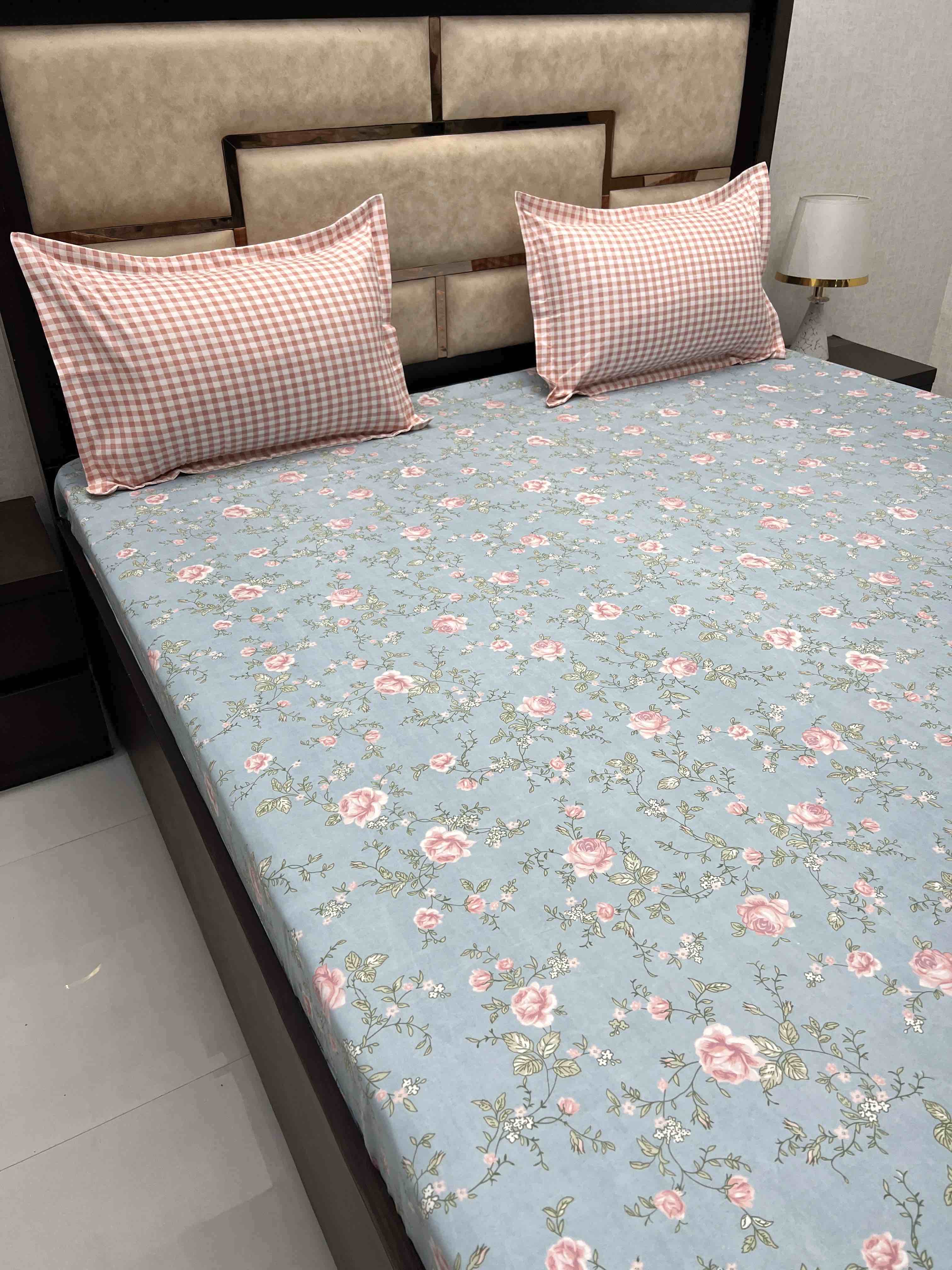 A-3775 - Poly Cotton 130 GSM King Size Double Bedsheet (274X274) with Two Pillow Covers (50X76)