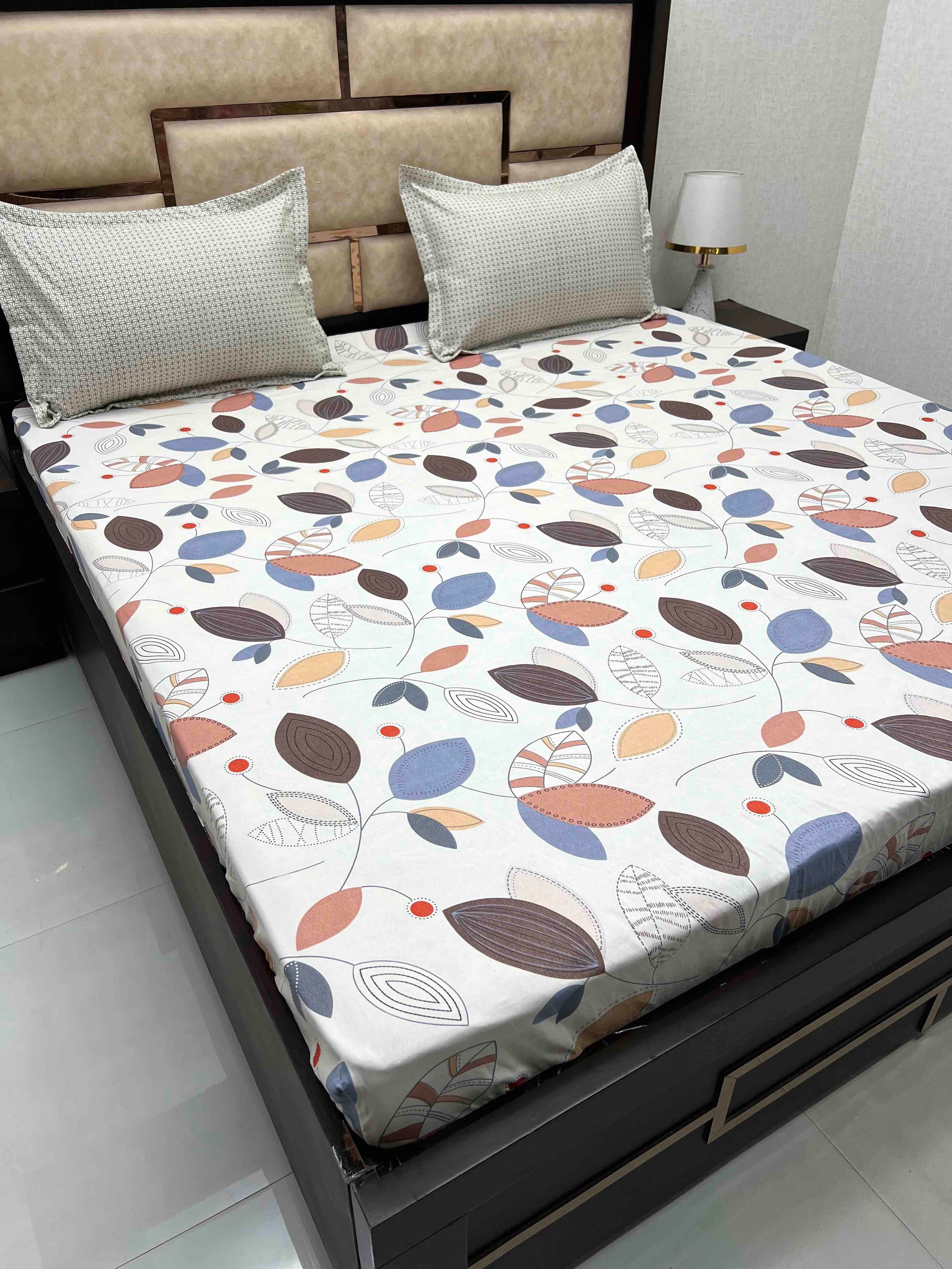 A-3978 - Poly Cotton 130 GSM King Size Fitted Bedsheet (183X193) with Two Pillow Covers (45X68)