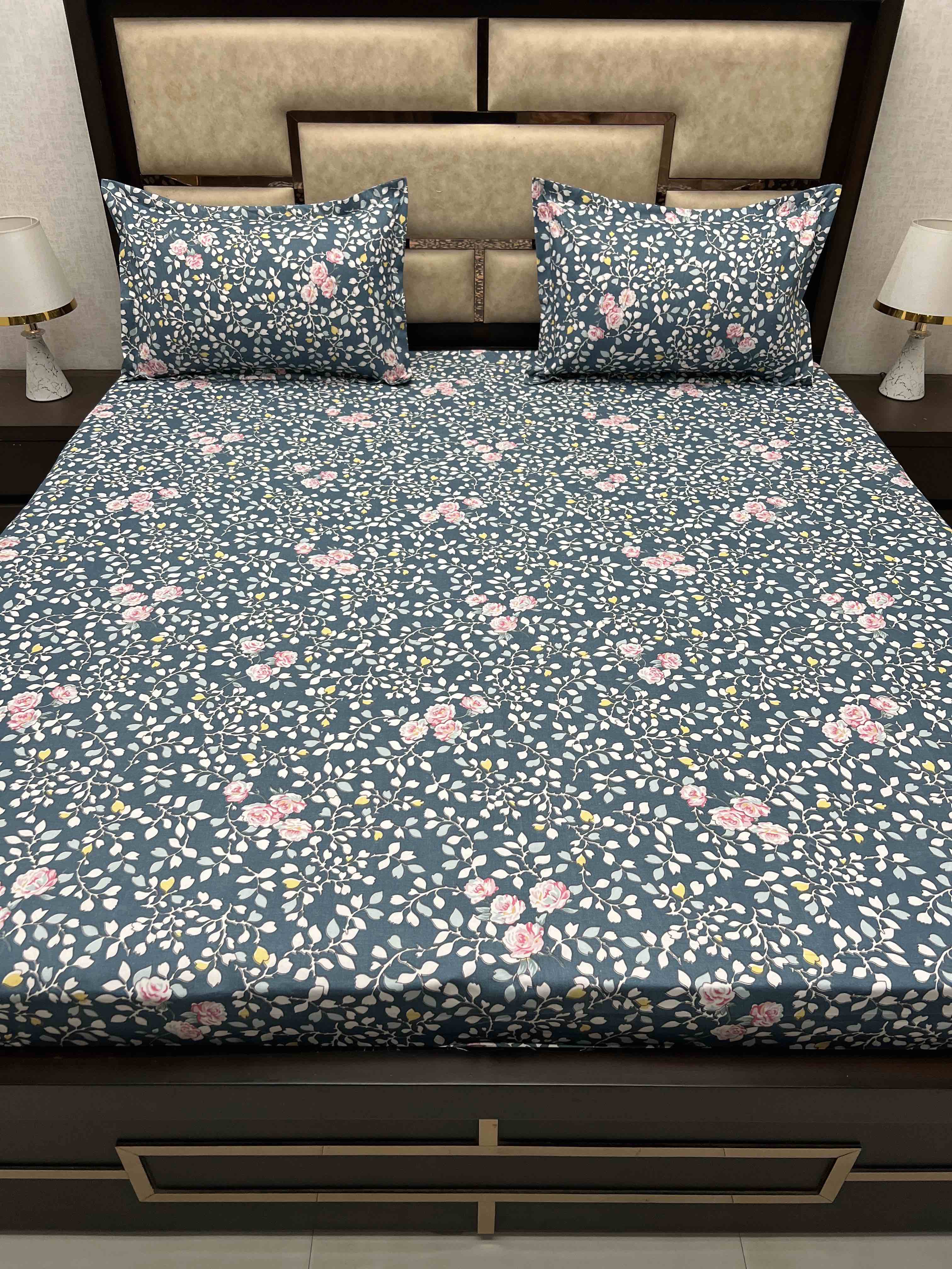 A-3985 - Poly Cotton 130 GSM Queen Size Double Bedsheet (228X254) with Two Pillow Covers (43X68)