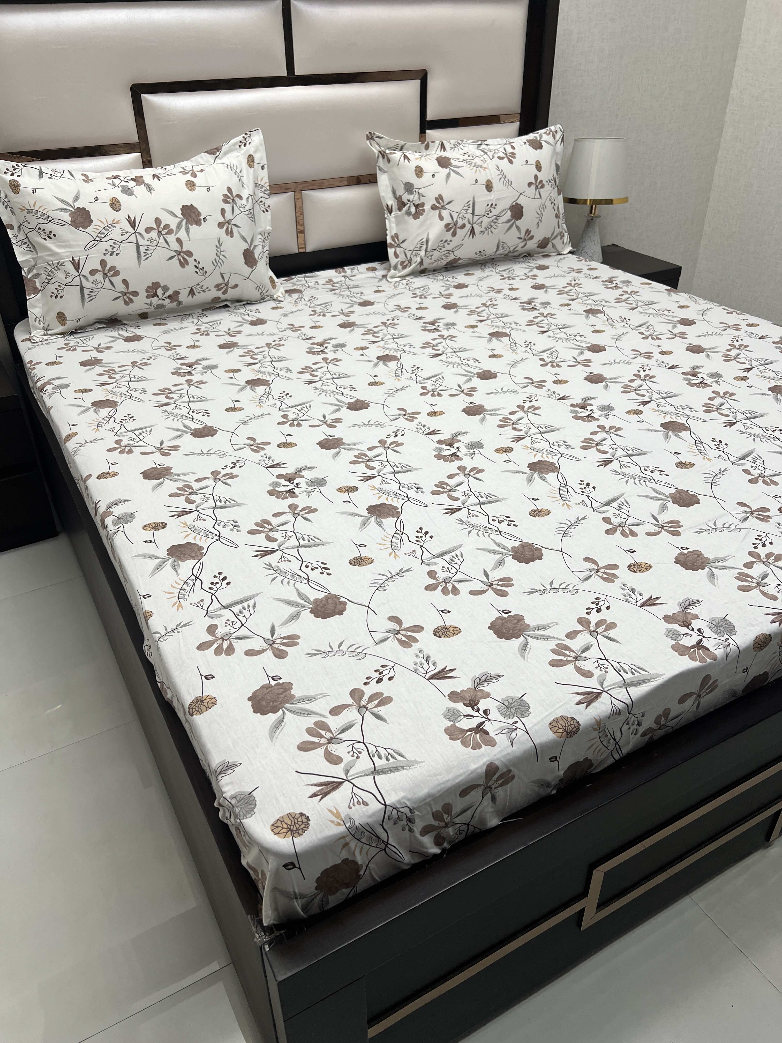 A-4009 - Pure Cotton 180 TC King Size Fitted Bedsheet (183X198) with Two Pillow Covers (45X68)