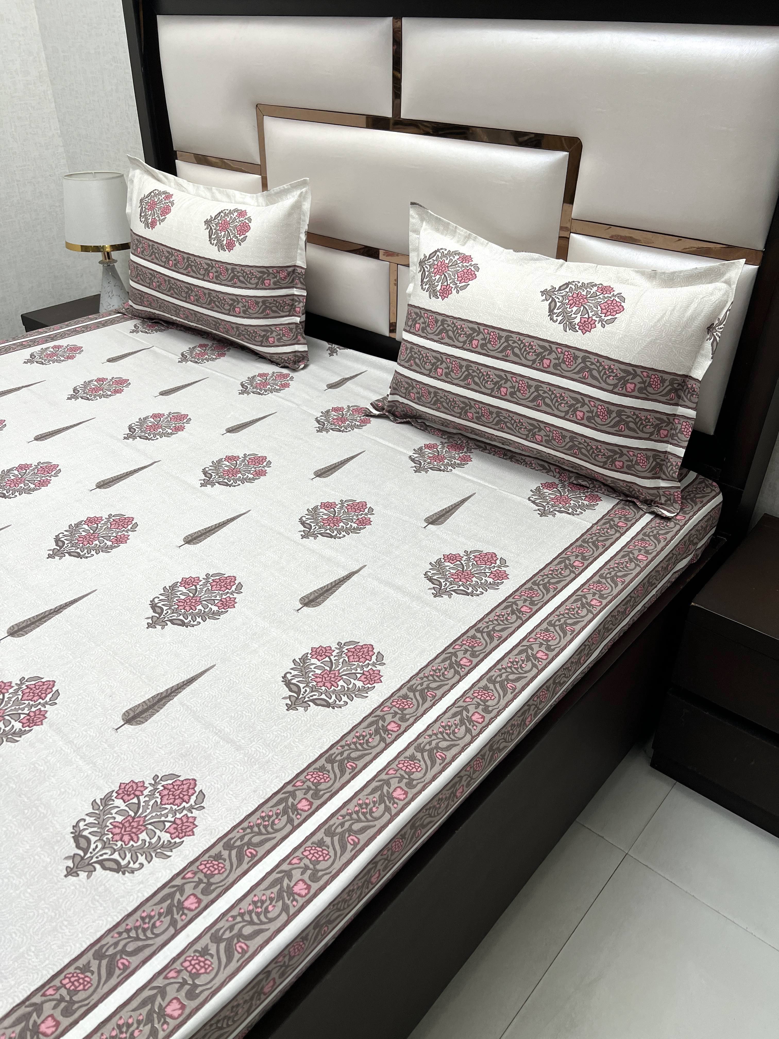 A-4065 - Pure Cotton 250 TC Queen Size Double Bedsheet (228X254) with Two Pillow Covers (43X68)