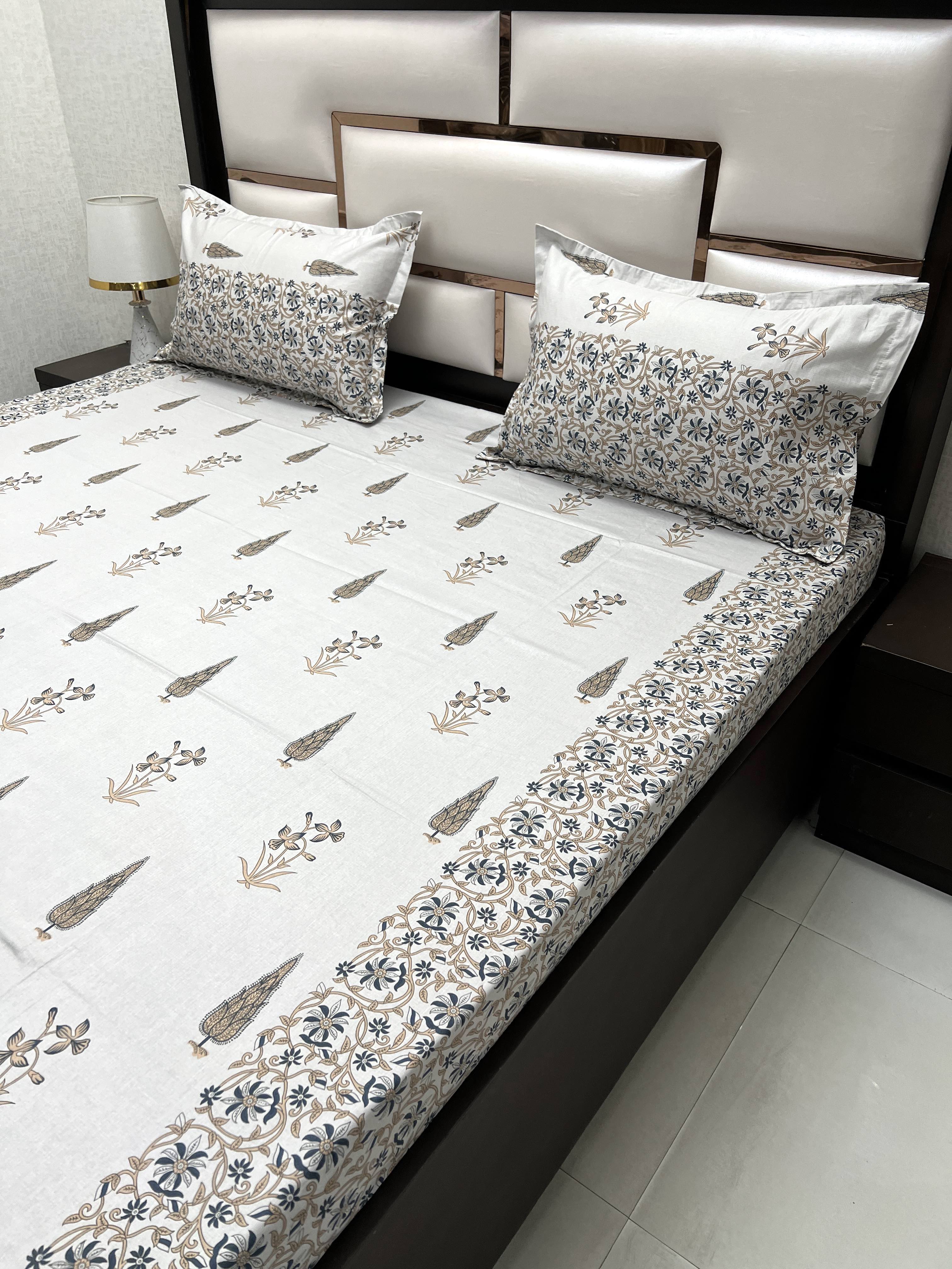 A-4084 - Pure Cotton 250 TC Queen Size Double Bedsheet (228X254) with Two Pillow Covers (43X68)