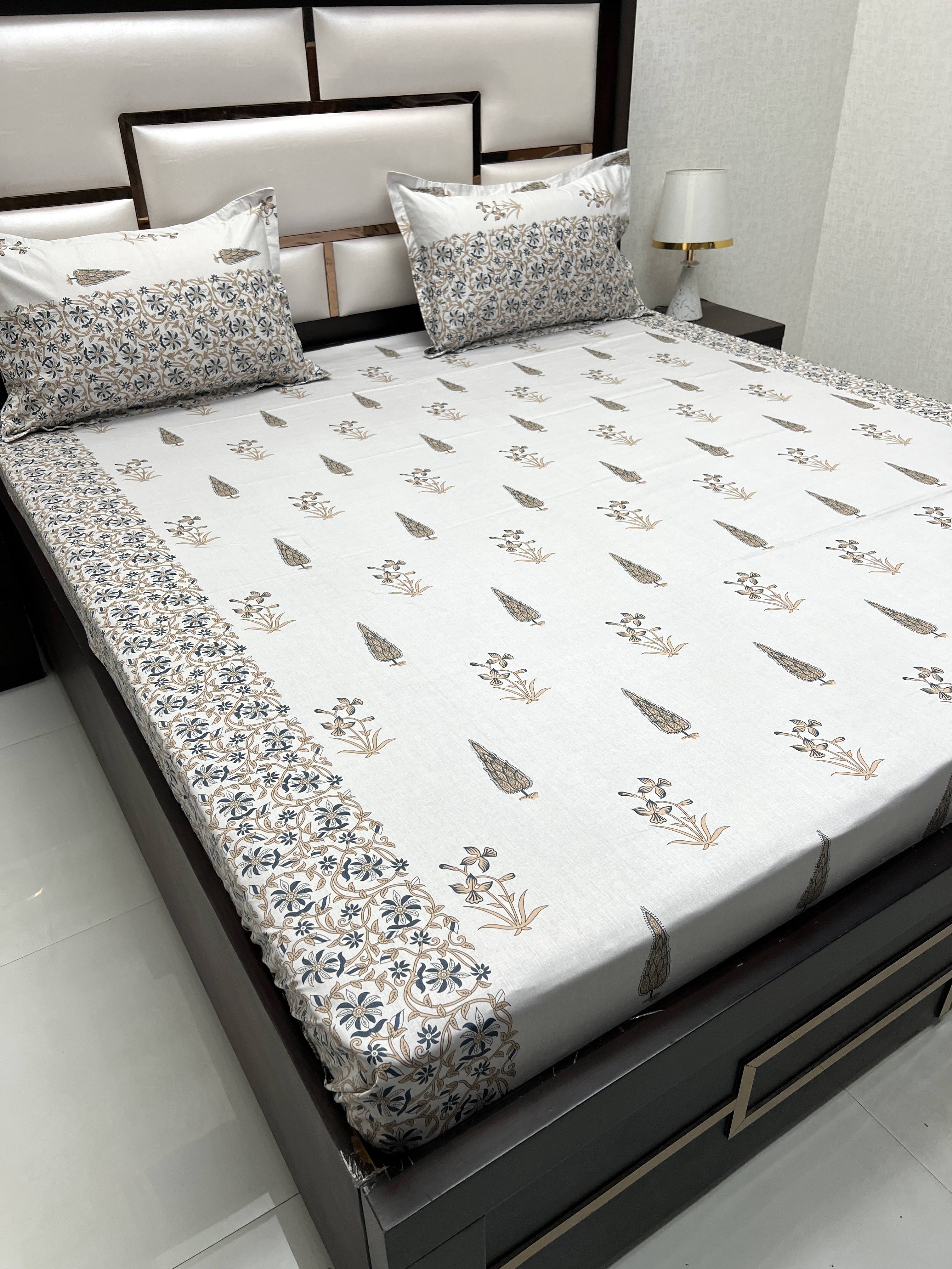 A-4084 - Pure Cotton 250 TC Queen Size Double Bedsheet (228X254) with Two Pillow Covers (43X68)