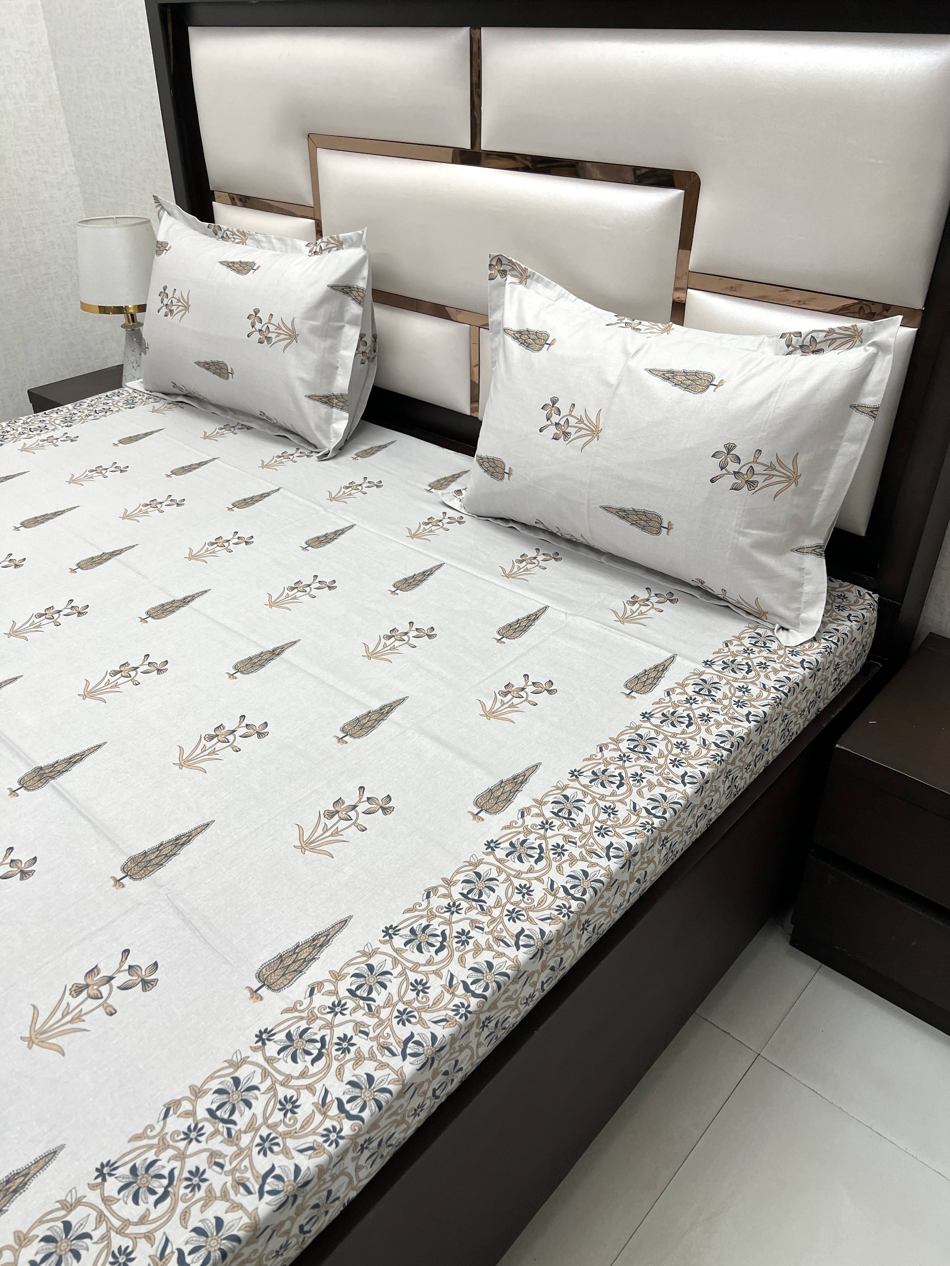 A-4085 - Pure Cotton 250 TC Queen Size Double Bedsheet (228X254) with Two Pillow Covers (43X68)