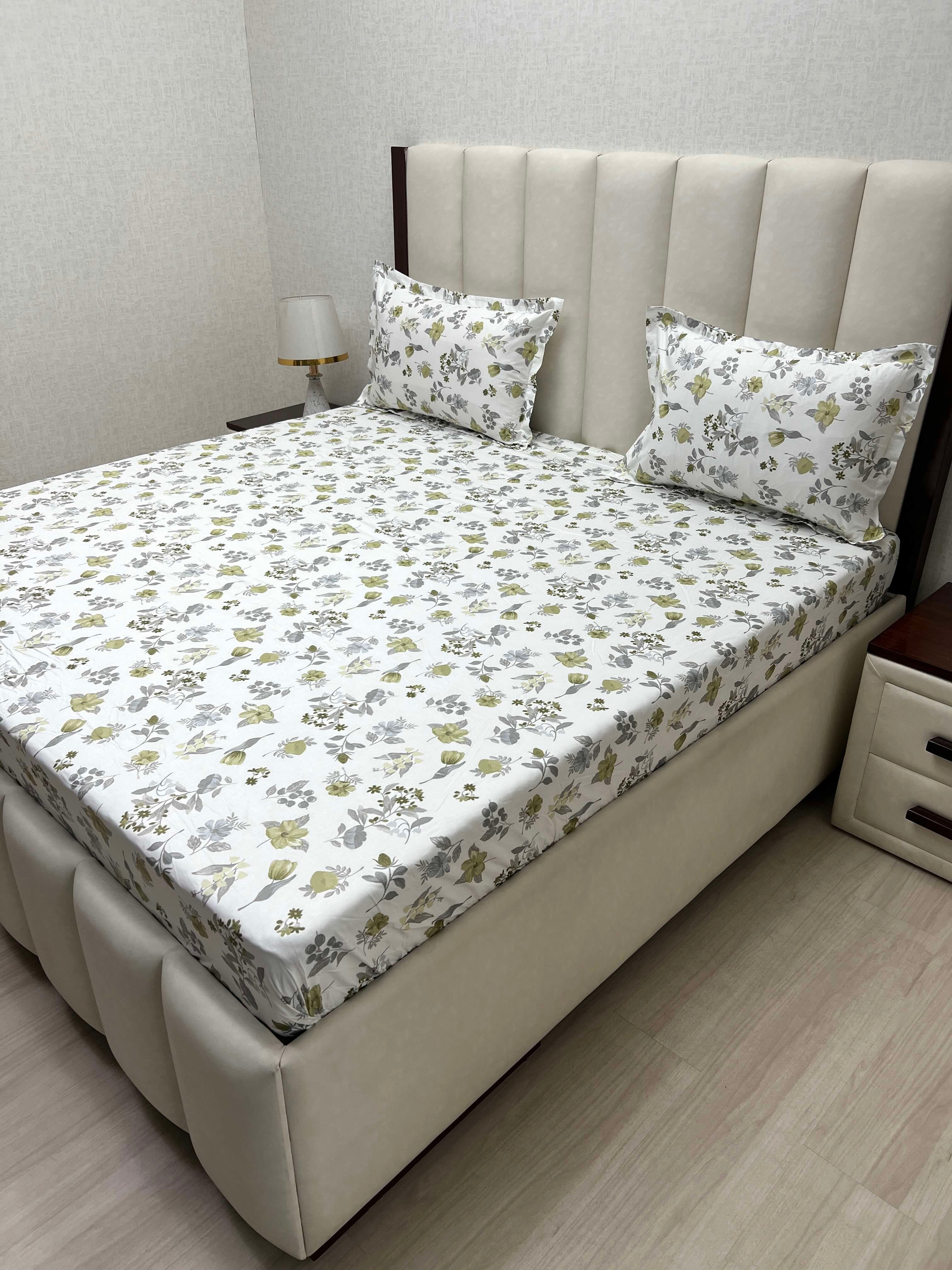 A-4225 Pure Cotton 180 TC King Size Fitted Bedsheet (183X198) with Two Pillow Covers (45X68)