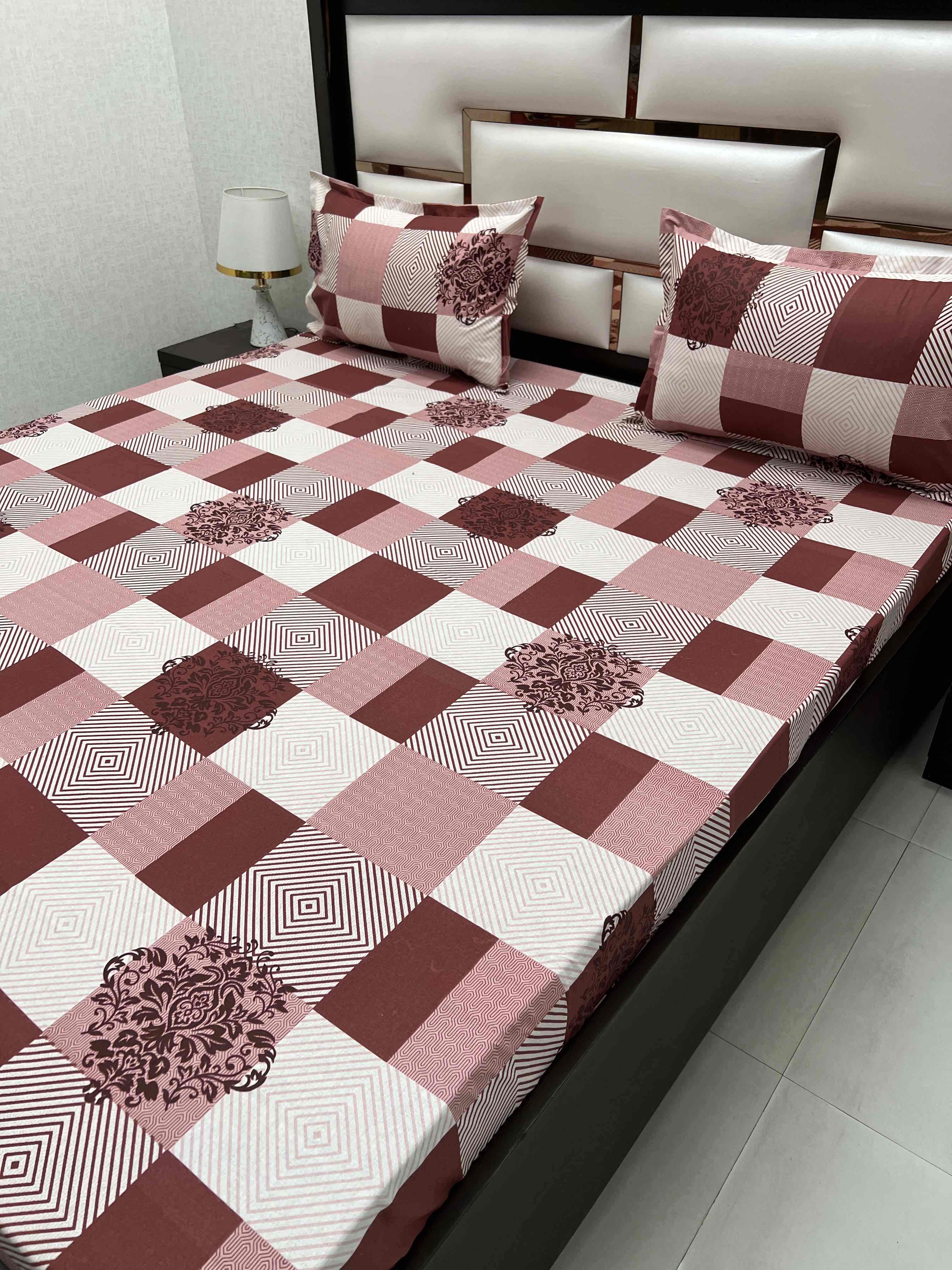 A-4338 - Pure Cotton 180 TC Queen Size Double Bedsheet (228X254) with Two Pillow Covers (43X68)