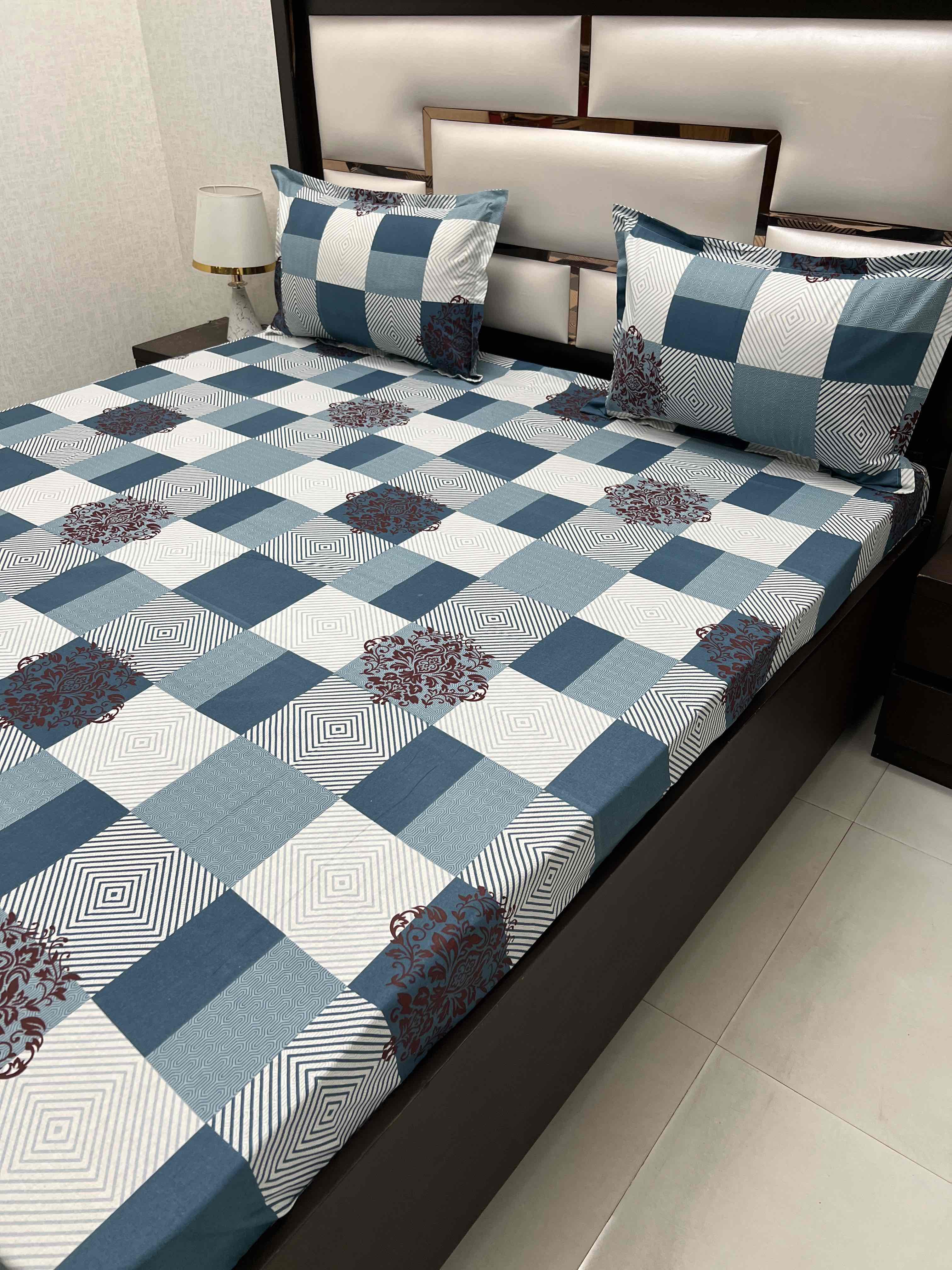 A-4355 - Pure Cotton 180 TC Queen Size Double Bedsheet (228X254) with Two Pillow Covers (43X68)