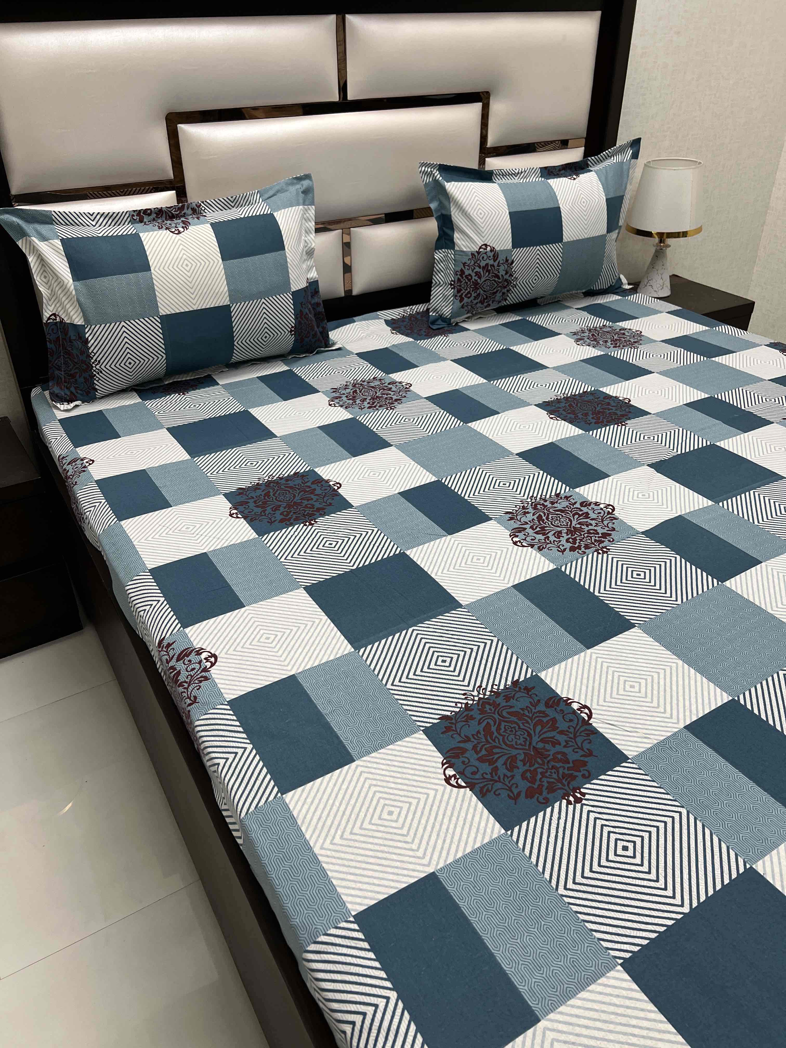 A-4355 - Pure Cotton 180 TC Queen Size Double Bedsheet (228X254) with Two Pillow Covers (43X68)