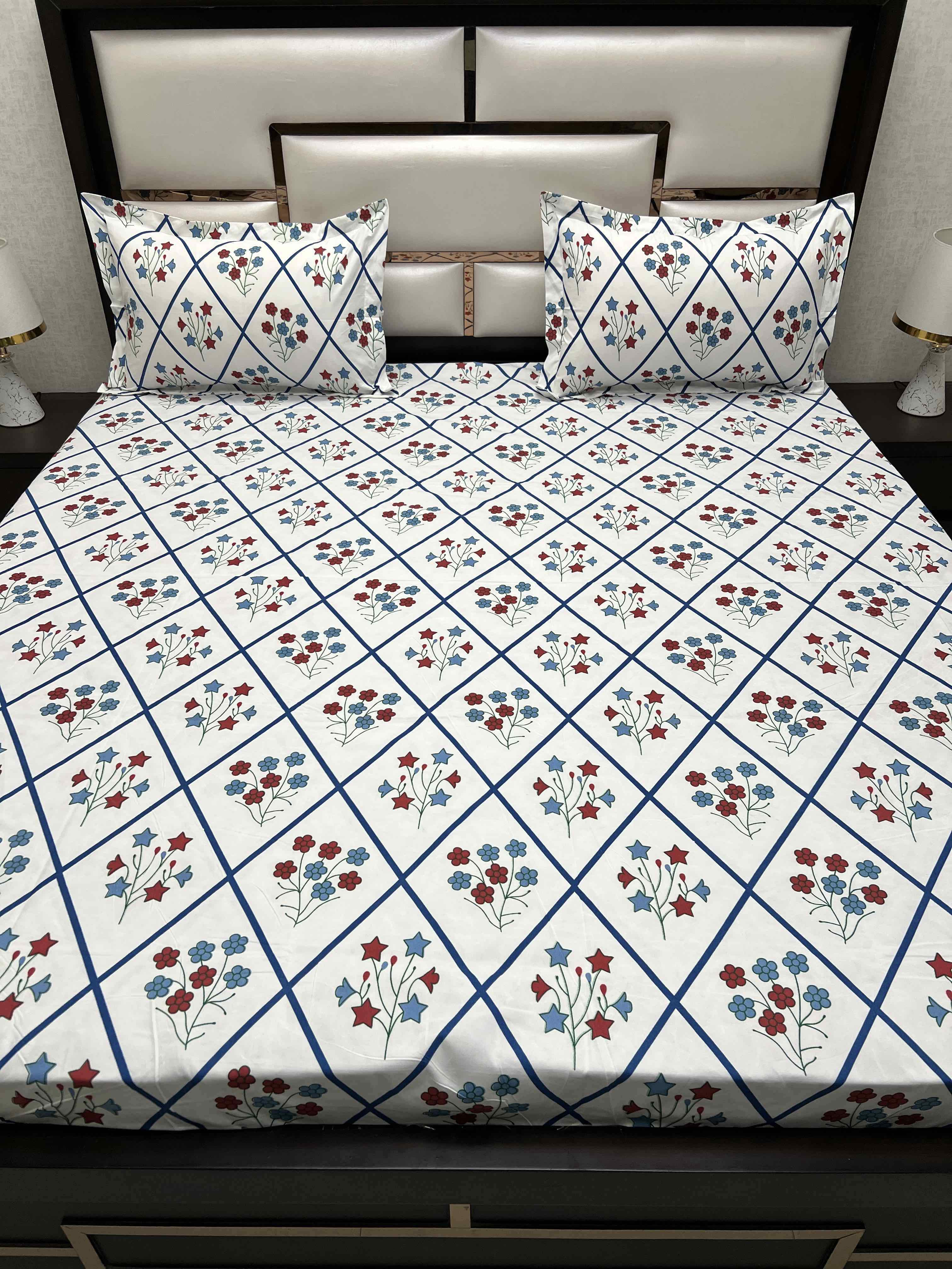 A-4399 - Poly Cotton 130 GSM Queen Size Double Bedsheet (228X254) with Two Pillow Covers (43X68)