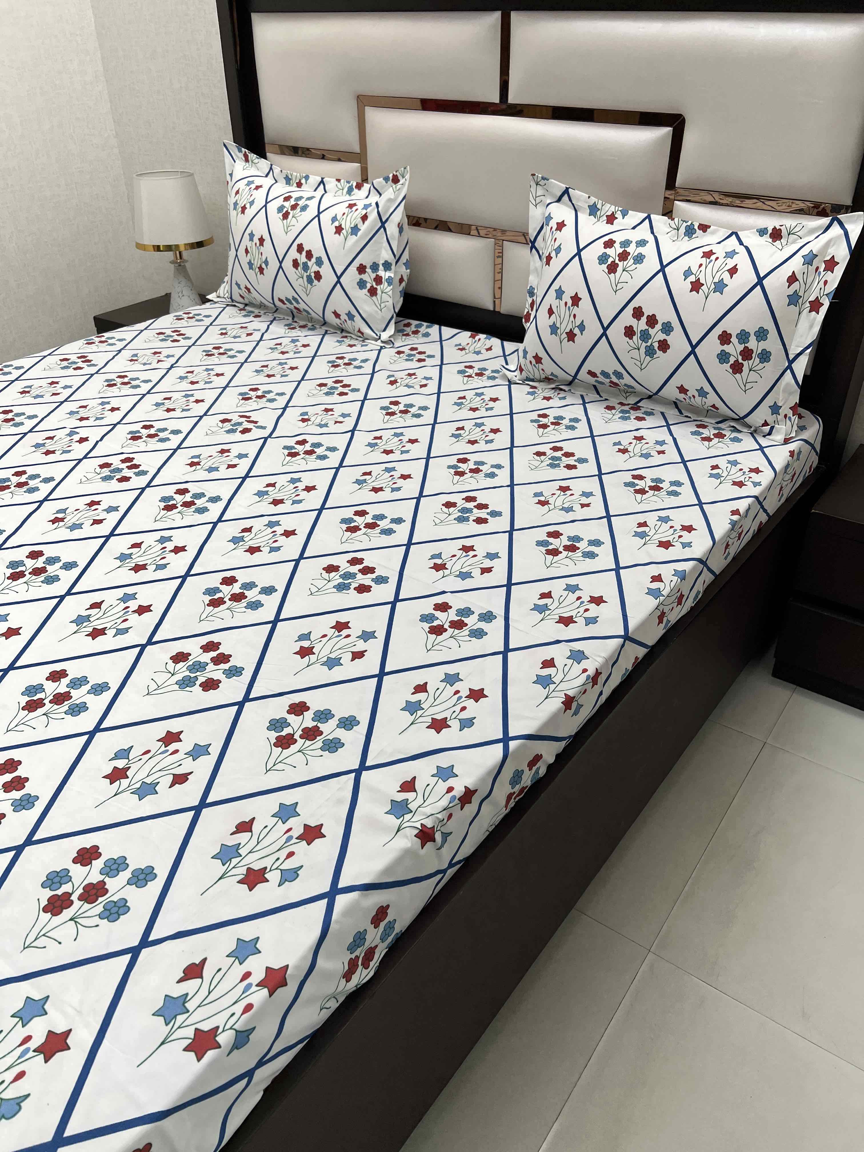 A-4399 - Poly Cotton 130 GSM Queen Size Double Bedsheet (228X254) with Two Pillow Covers (43X68)