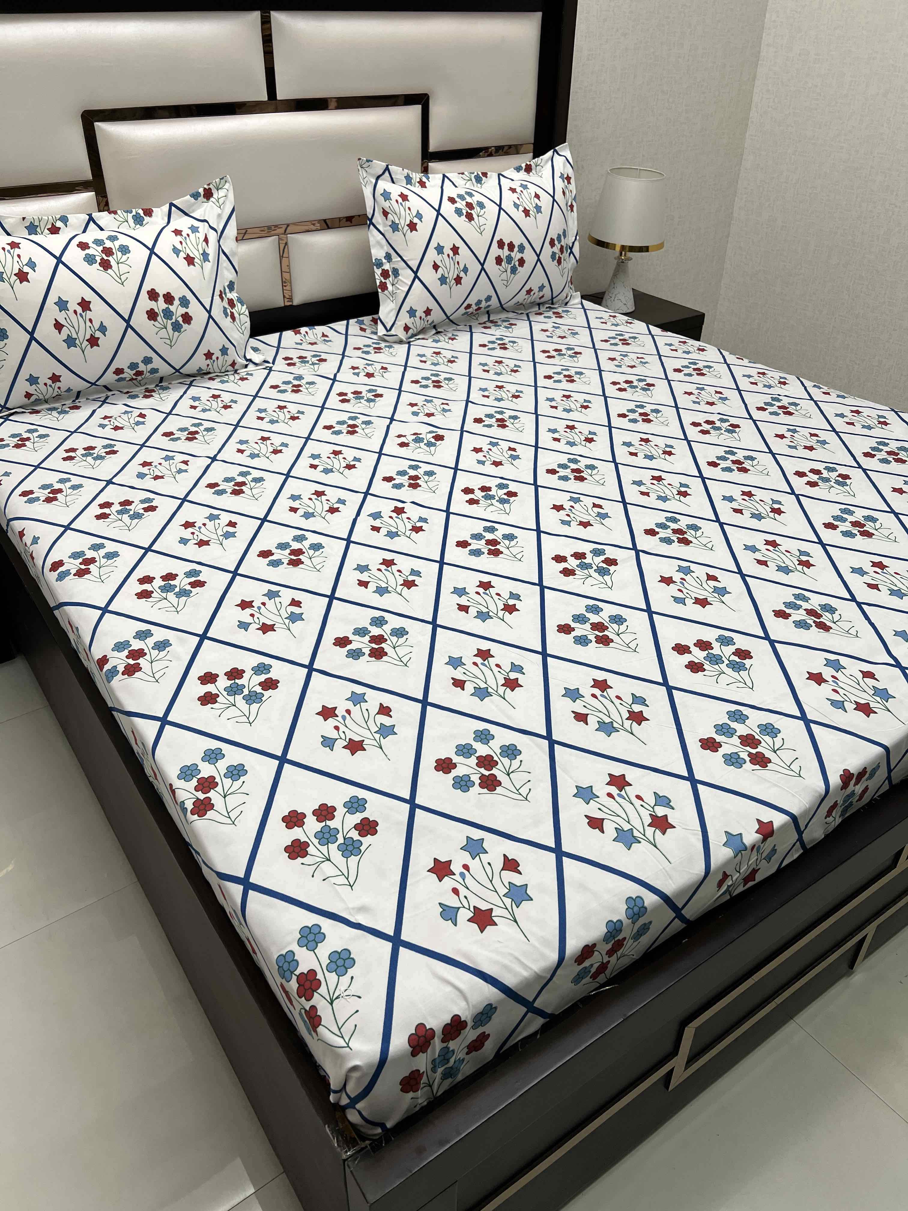 A-4399 - Poly Cotton 130 GSM Queen Size Double Bedsheet (228X254) with Two Pillow Covers (43X68)