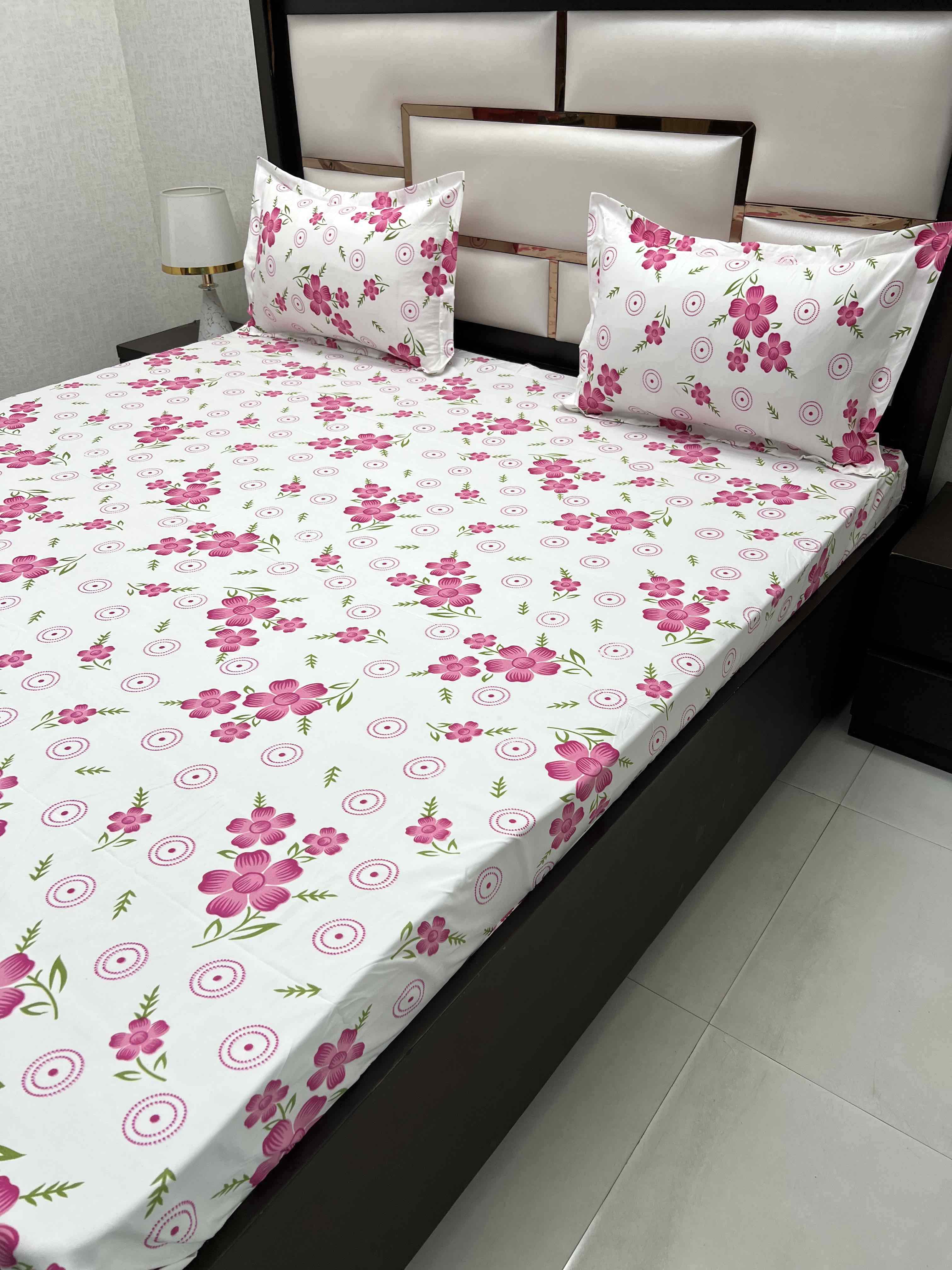 A-4400 - Poly Cotton 130 GSM Queen Size Double Bedsheet (228X254) with Two Pillow Covers (43X68)