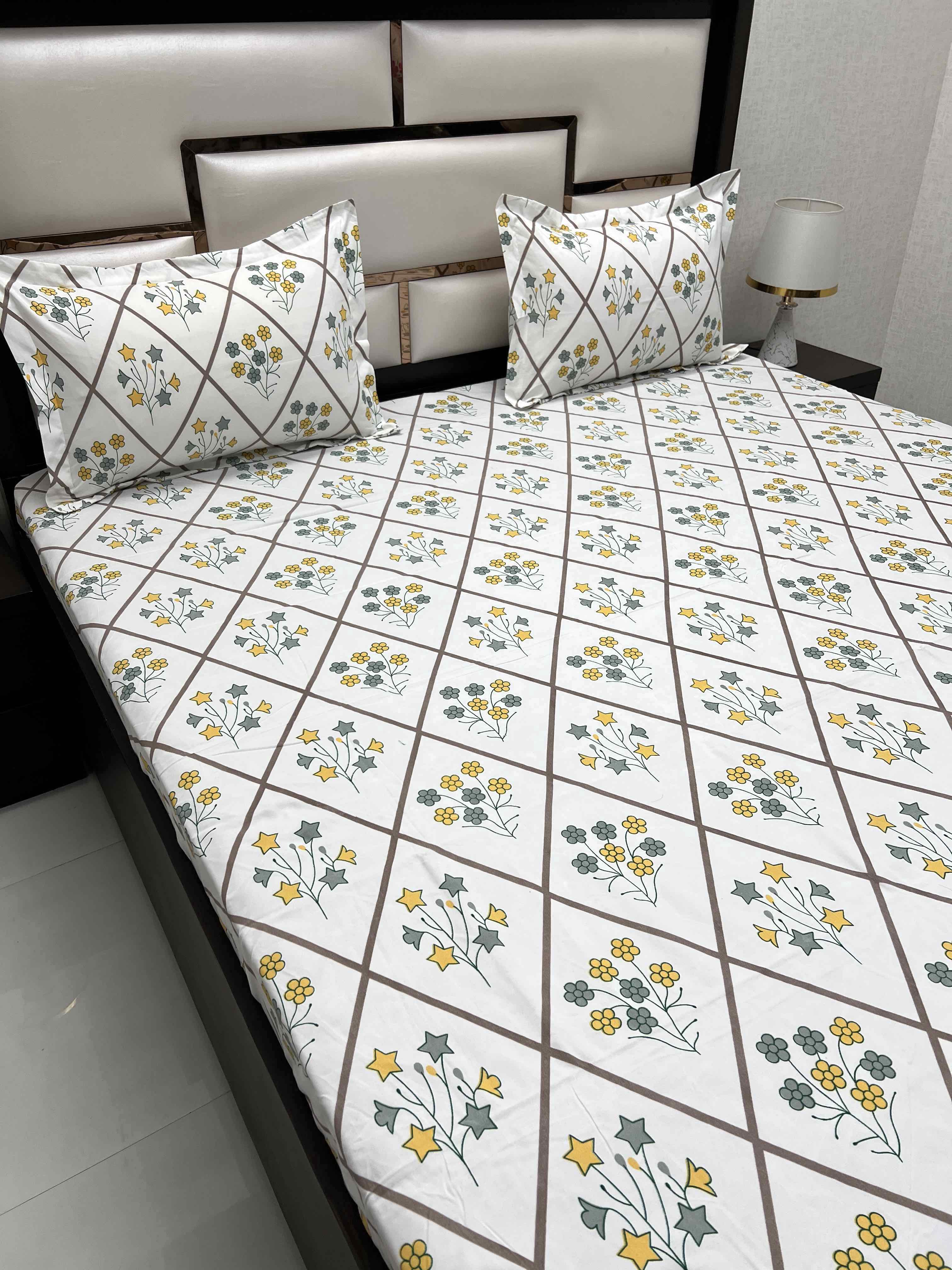 A-4401 - Poly Cotton 130 GSM Queen Size Double Bedsheet (228X254) with Two Pillow Covers (43X68)