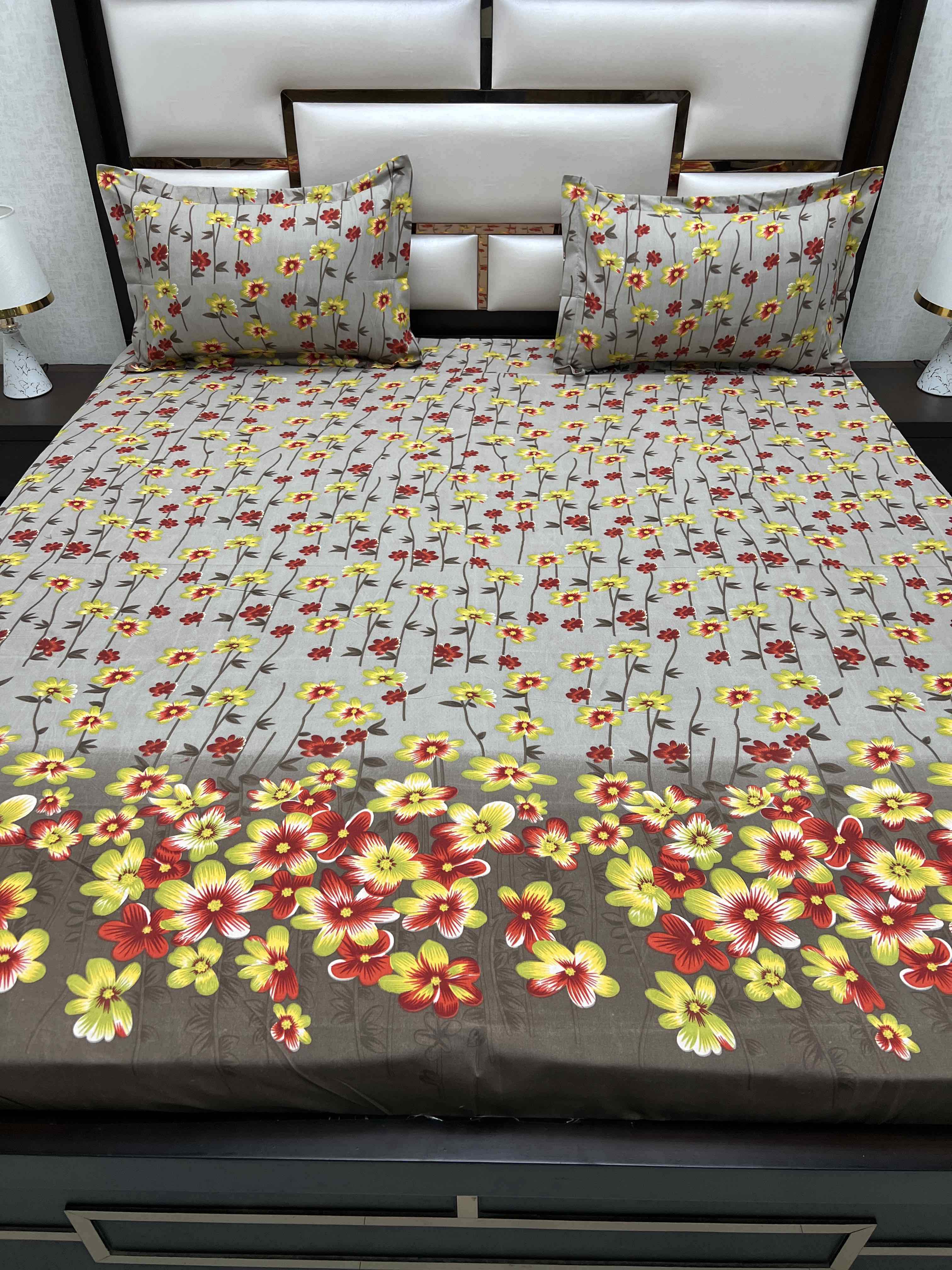 A-4402 - Poly Cotton 130 GSM Queen Size Double Bedsheet (228X254) with Two Pillow Covers (43X68)