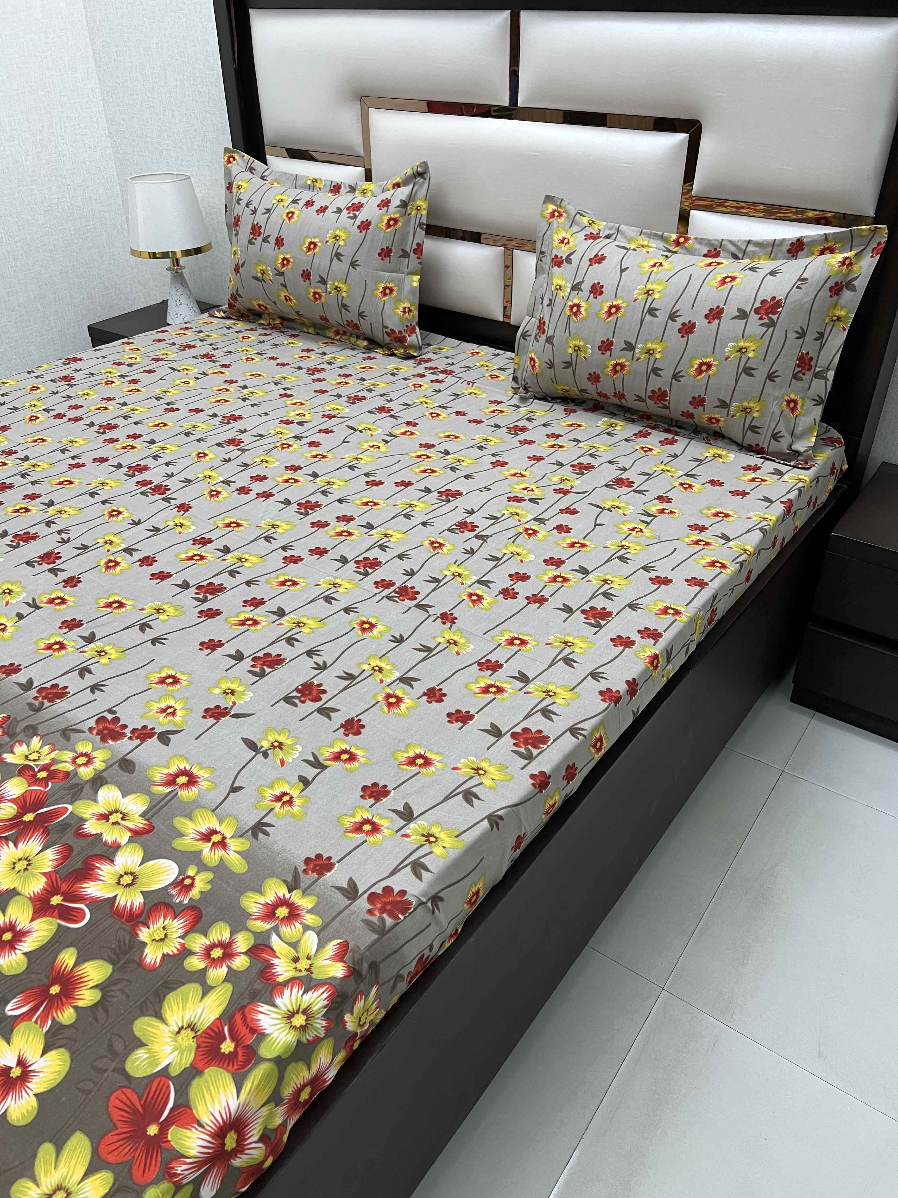 A-4402 - Poly Cotton 130 GSM Queen Size Double Bedsheet (228X254) with Two Pillow Covers (43X68)