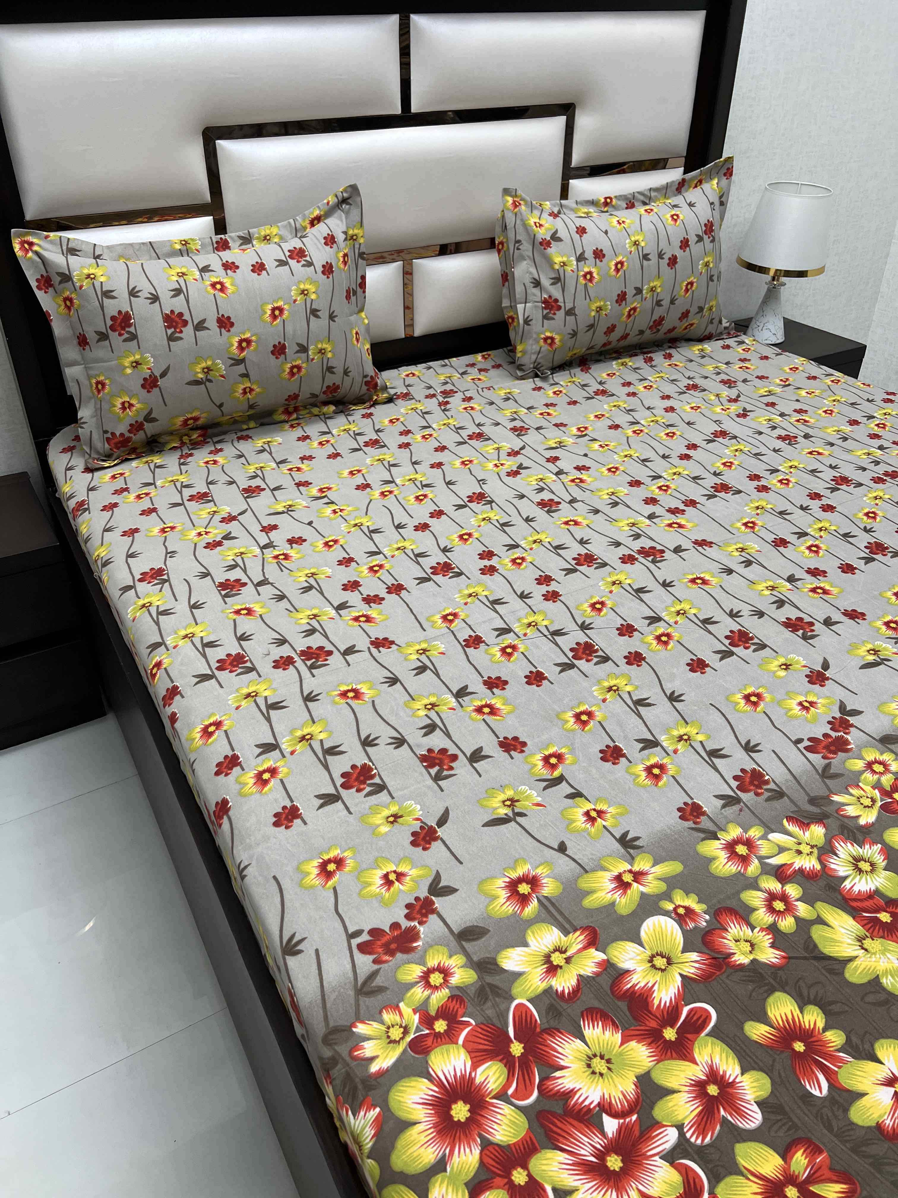 A-4402 - Poly Cotton 130 GSM Queen Size Double Bedsheet (228X254) with Two Pillow Covers (43X68)