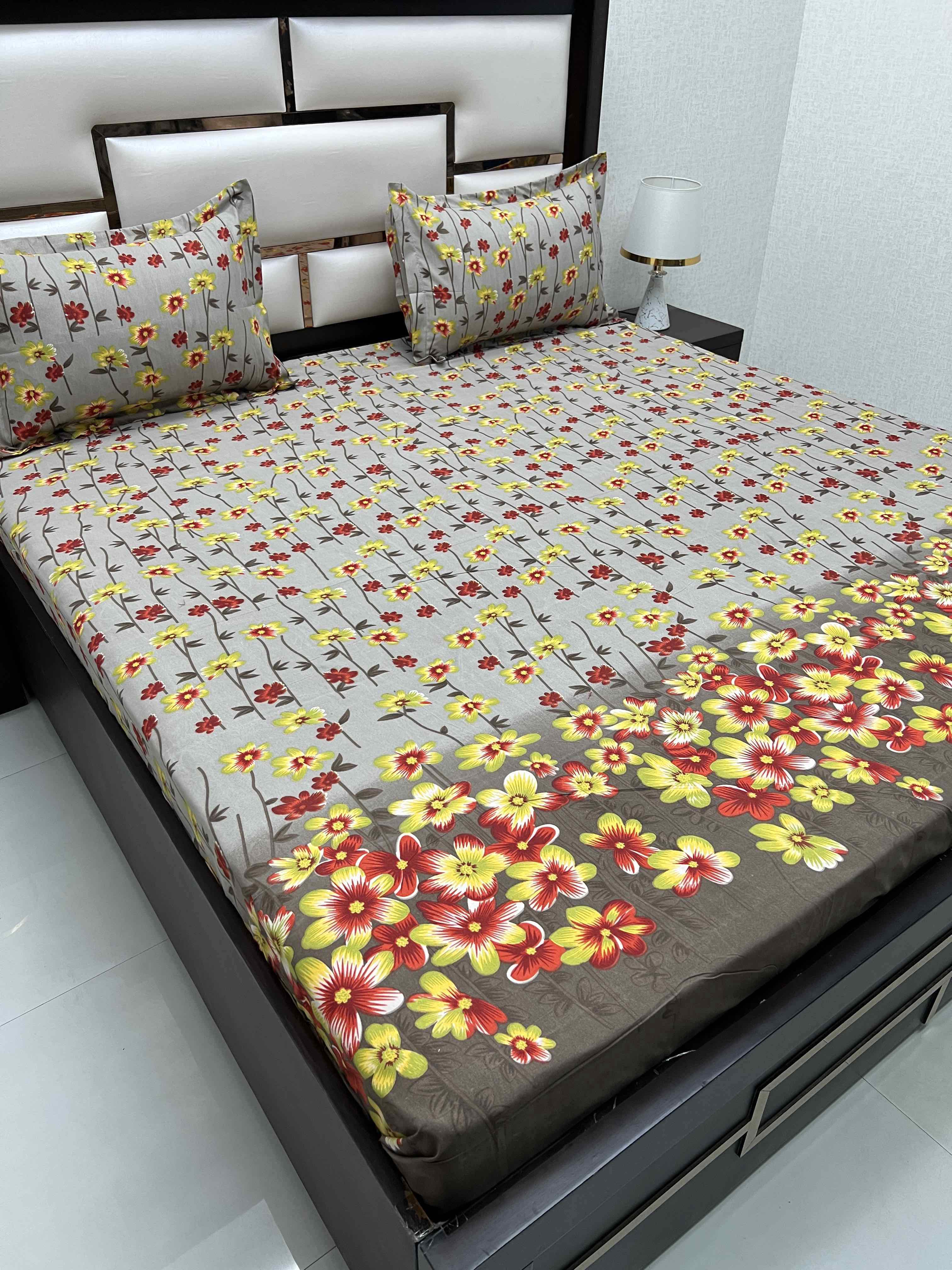 A-4402 - Poly Cotton 130 GSM Queen Size Double Bedsheet (228X254) with Two Pillow Covers (43X68)