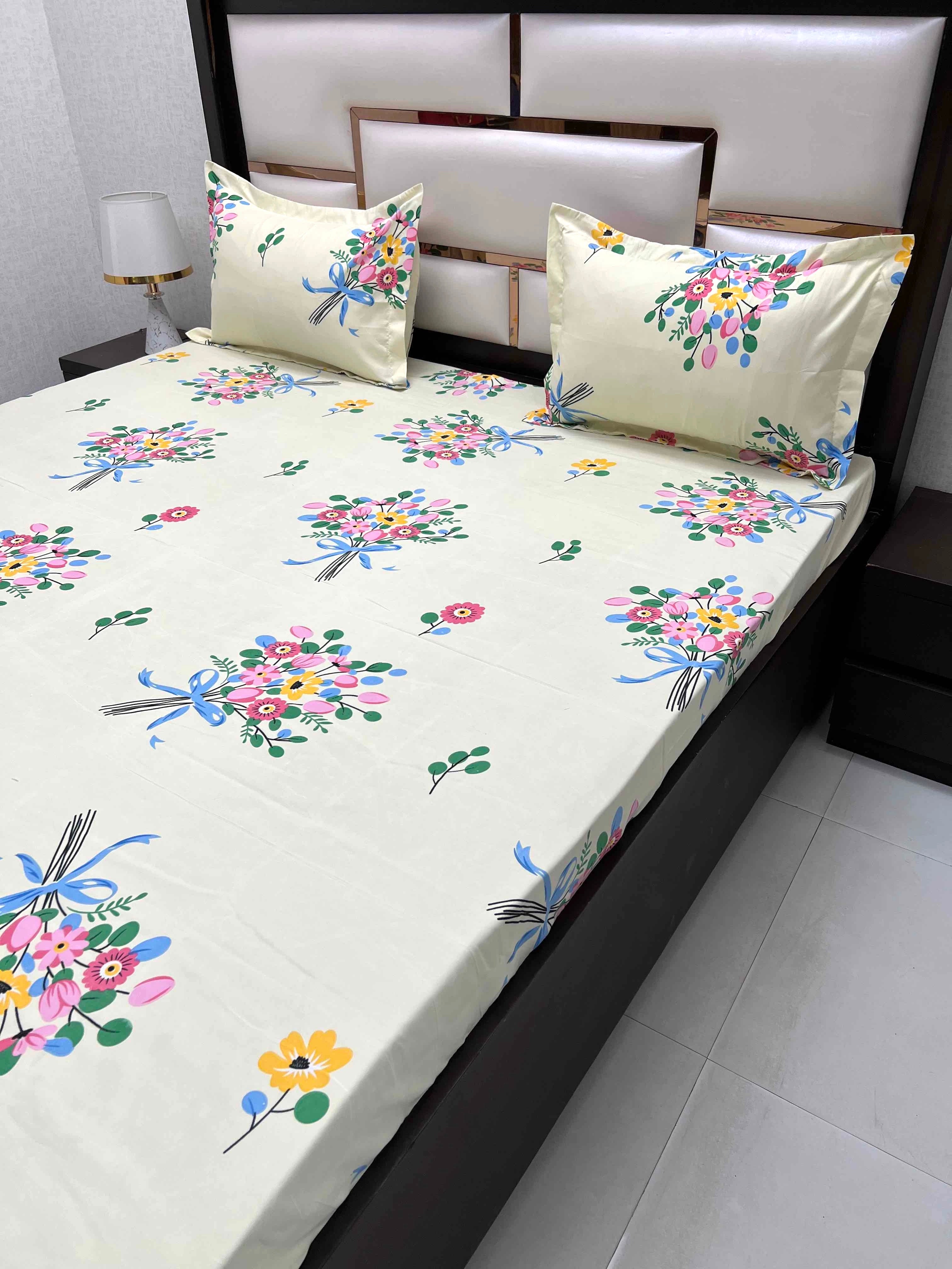 A-4406 - Poly Cotton 130 GSM Queen Size Double Bedsheet (228X254) with Two Pillow Covers (43X68)