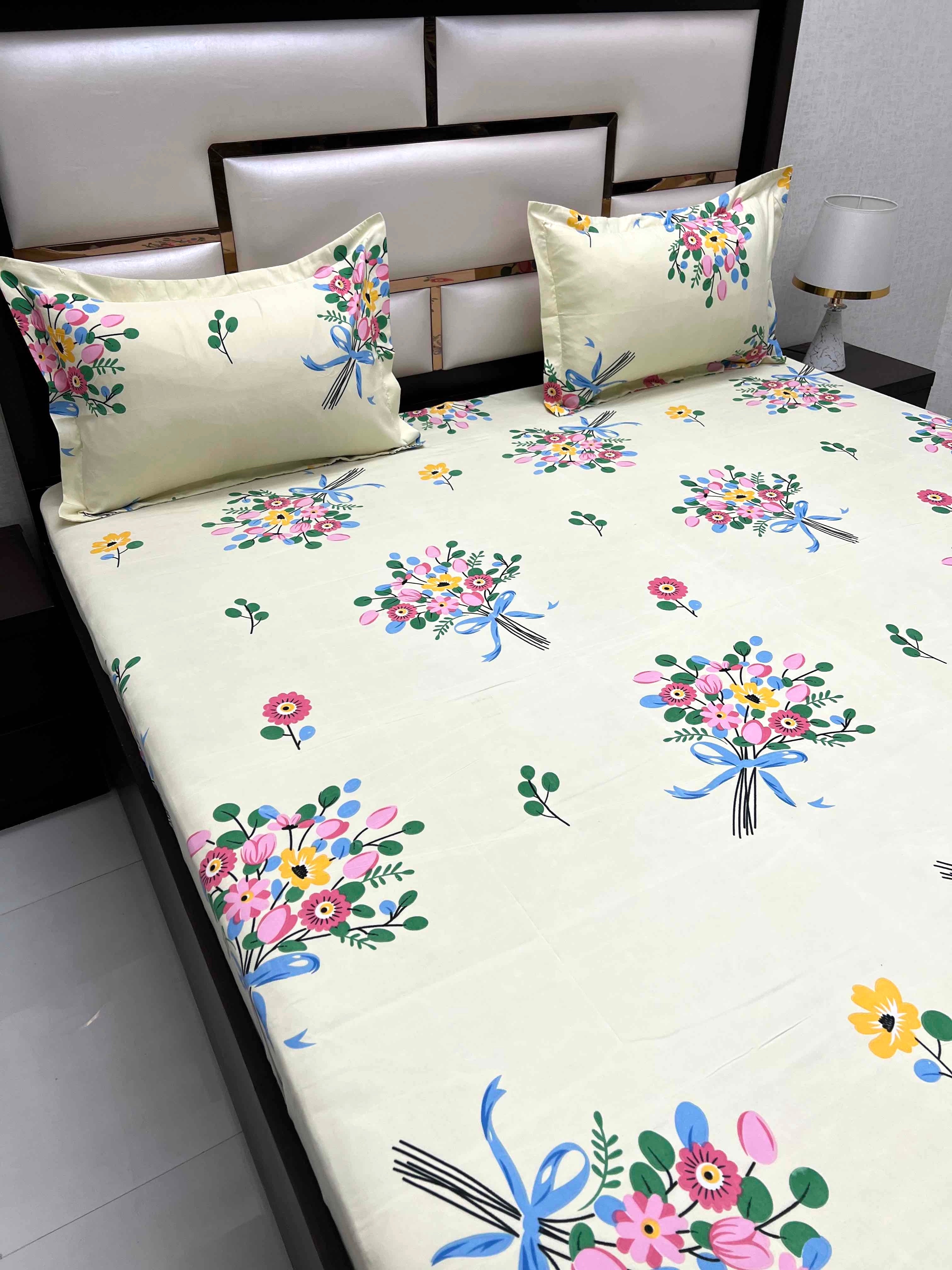 A-4406 - Poly Cotton 130 GSM Queen Size Double Bedsheet (228X254) with Two Pillow Covers (43X68)