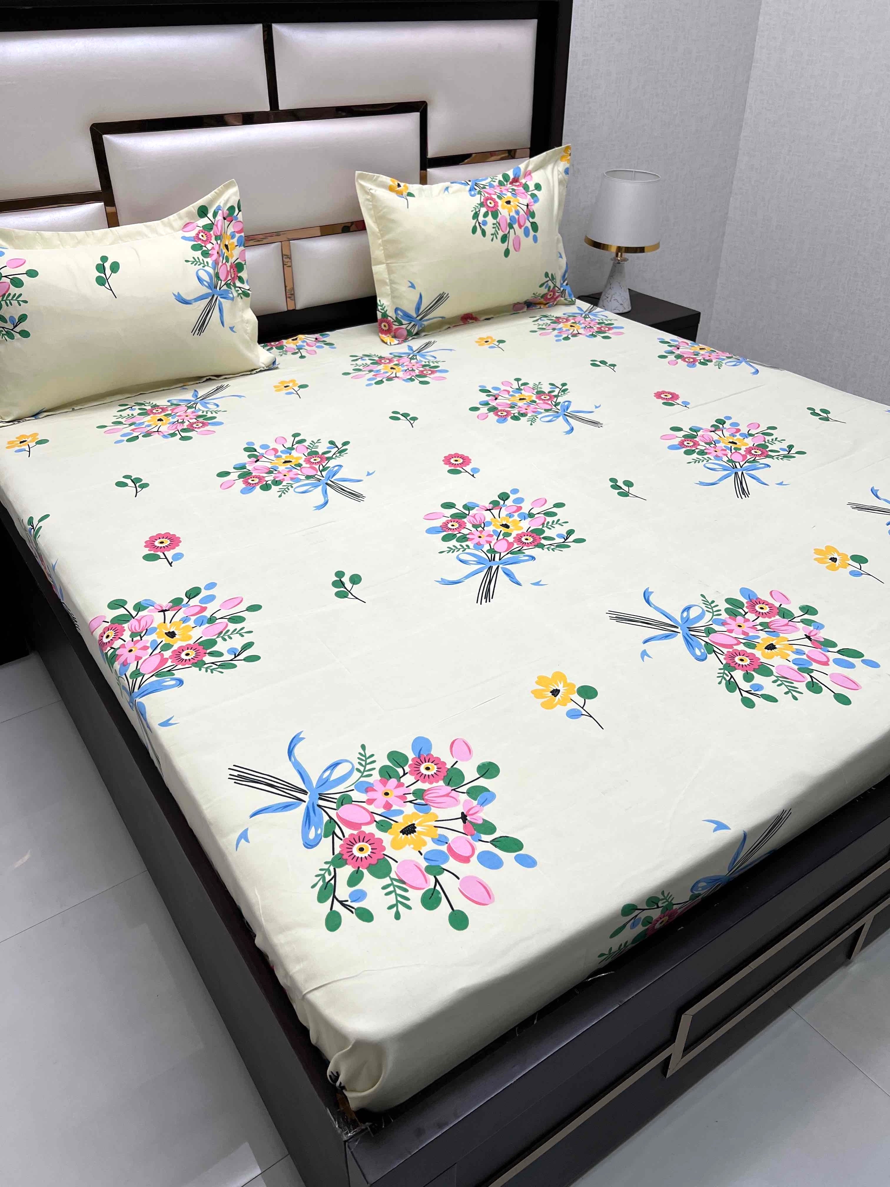 A-4406 - Poly Cotton 130 GSM Queen Size Double Bedsheet (228X254) with Two Pillow Covers (43X68)