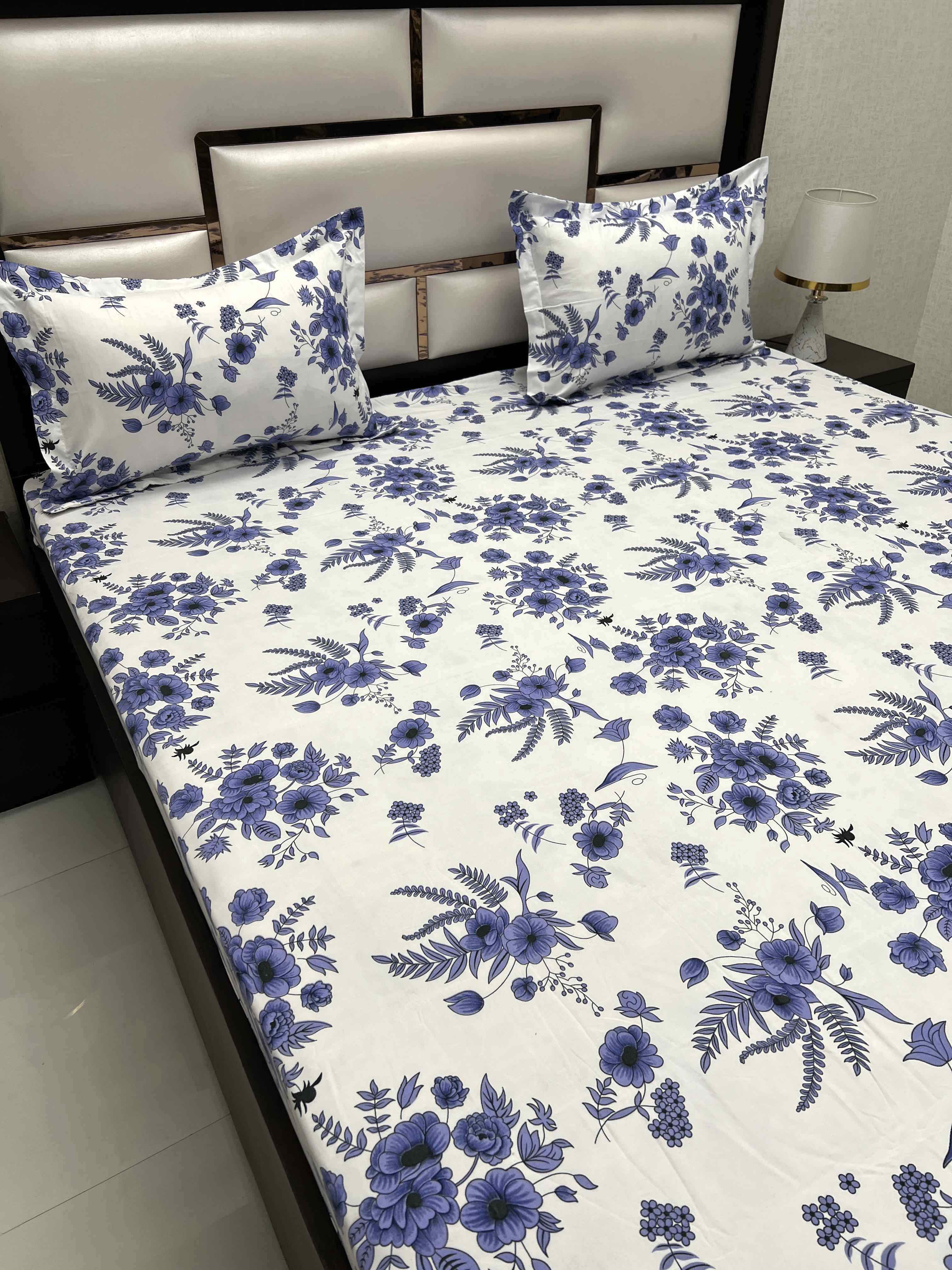 A-4407 - Poly Cotton 130 GSM Queen Size Double Bedsheet (228X254) with Two Pillow Covers (43X68)