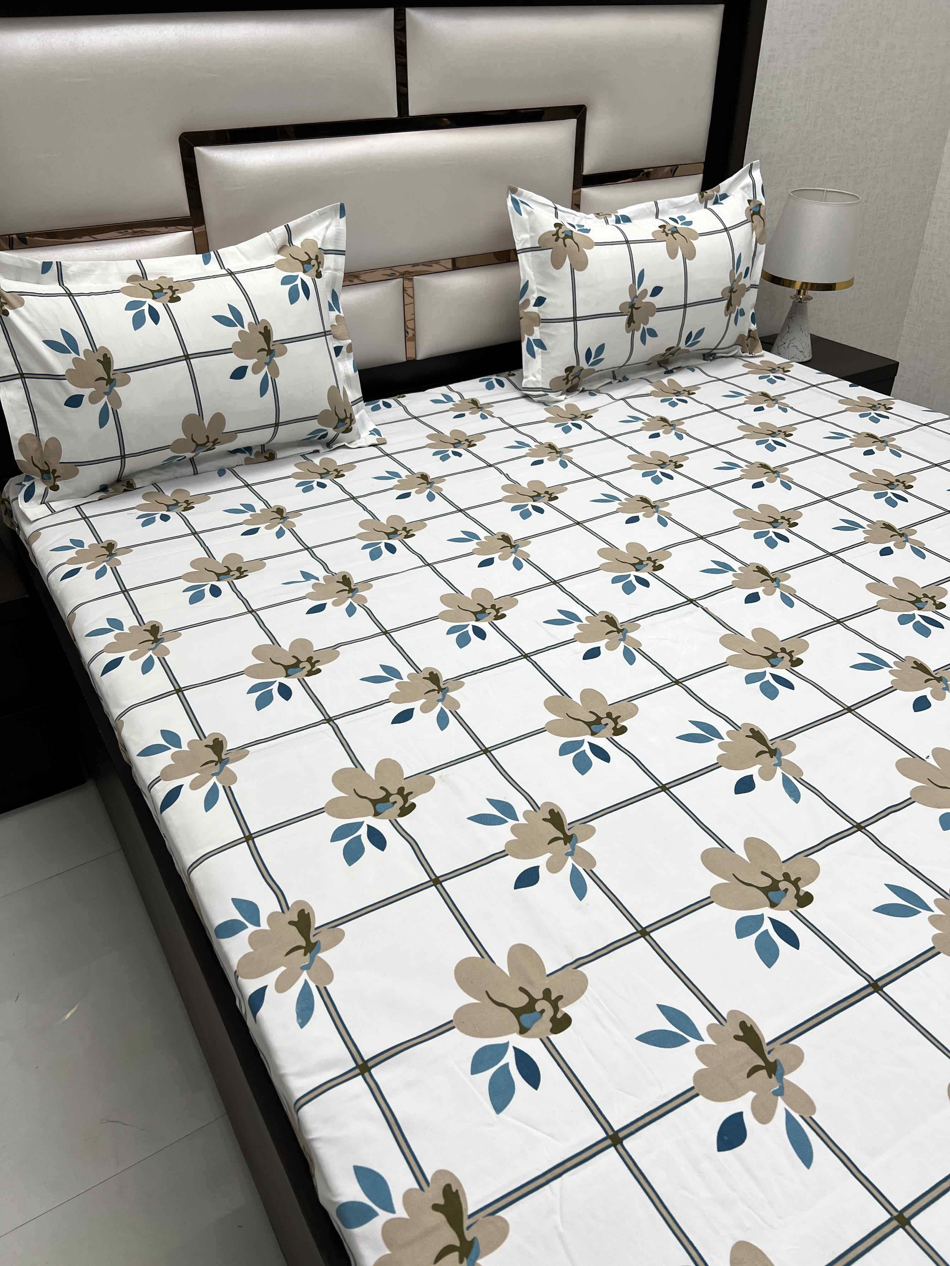 A-4413 - Poly Cotton 130 GSM Queen Size Double Bedsheet (228X254) with Two Pillow Covers (43X68)