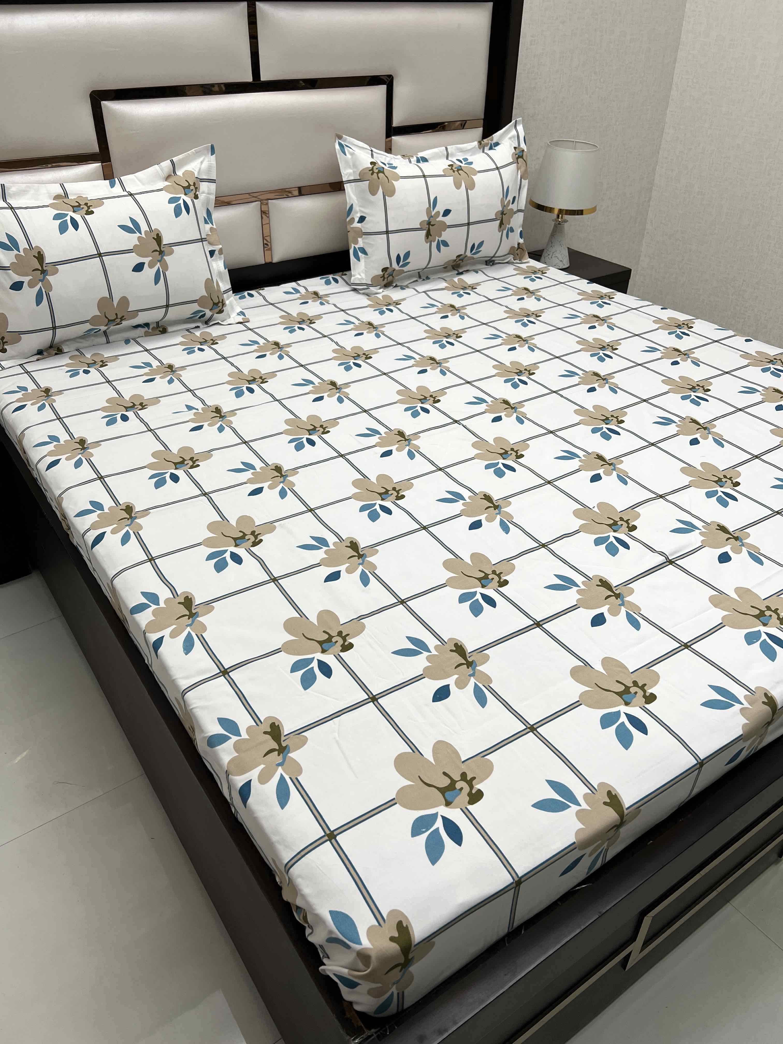 A-4413 - Poly Cotton 130 GSM Queen Size Double Bedsheet (228X254) with Two Pillow Covers (43X68)